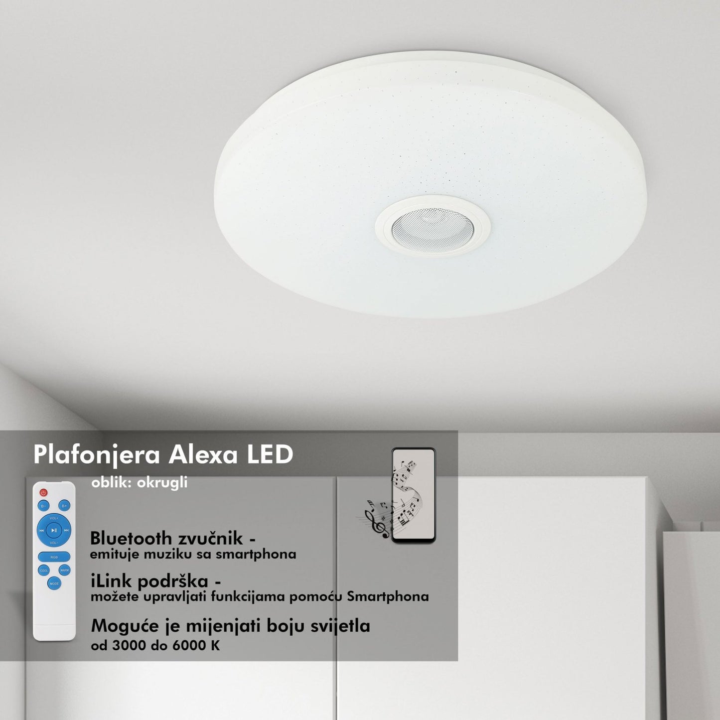 E-light Alexa LED Round Speaker Ceiling Light