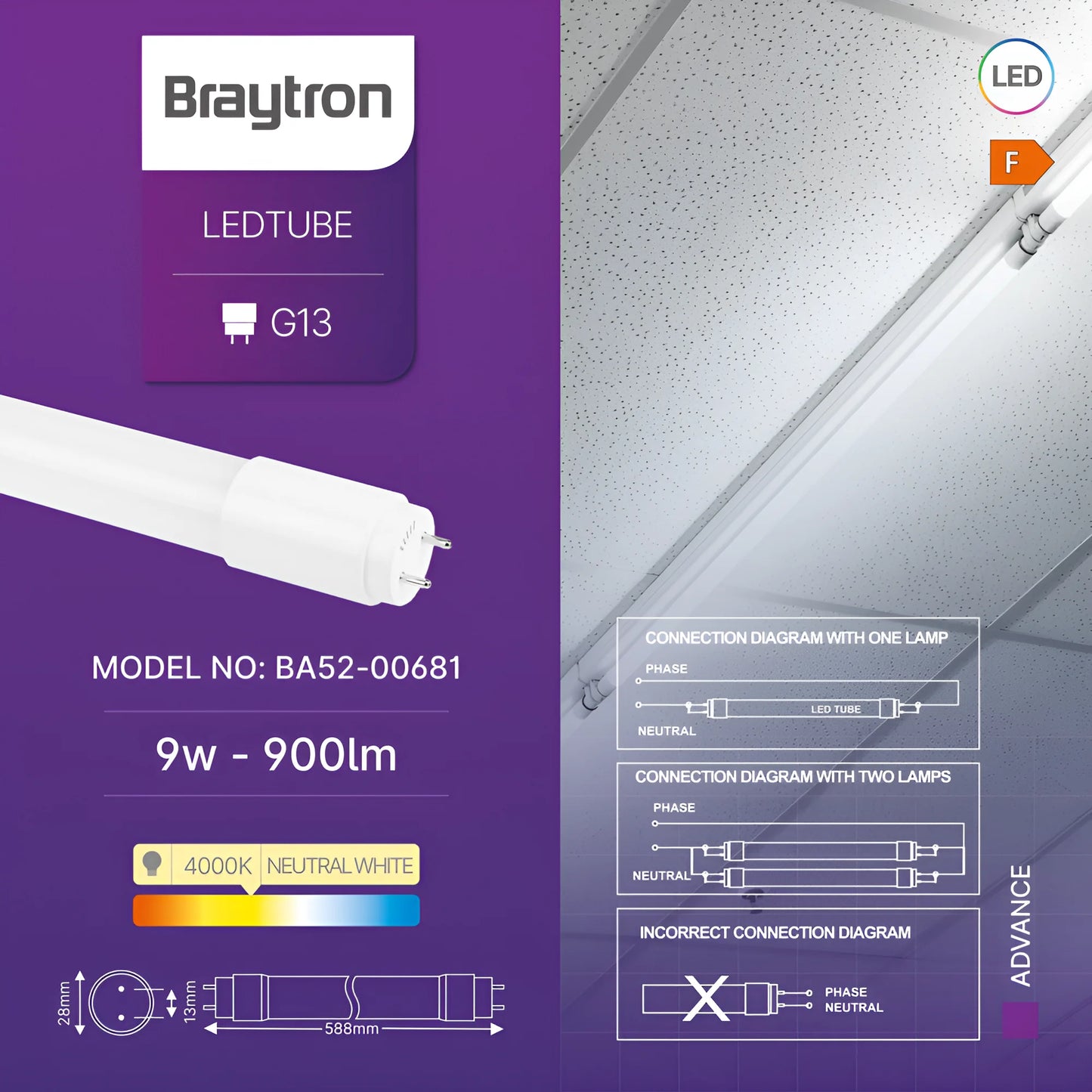 Braytron Advance 9W G13 Db T8 Gls 4000K Led Cijev
