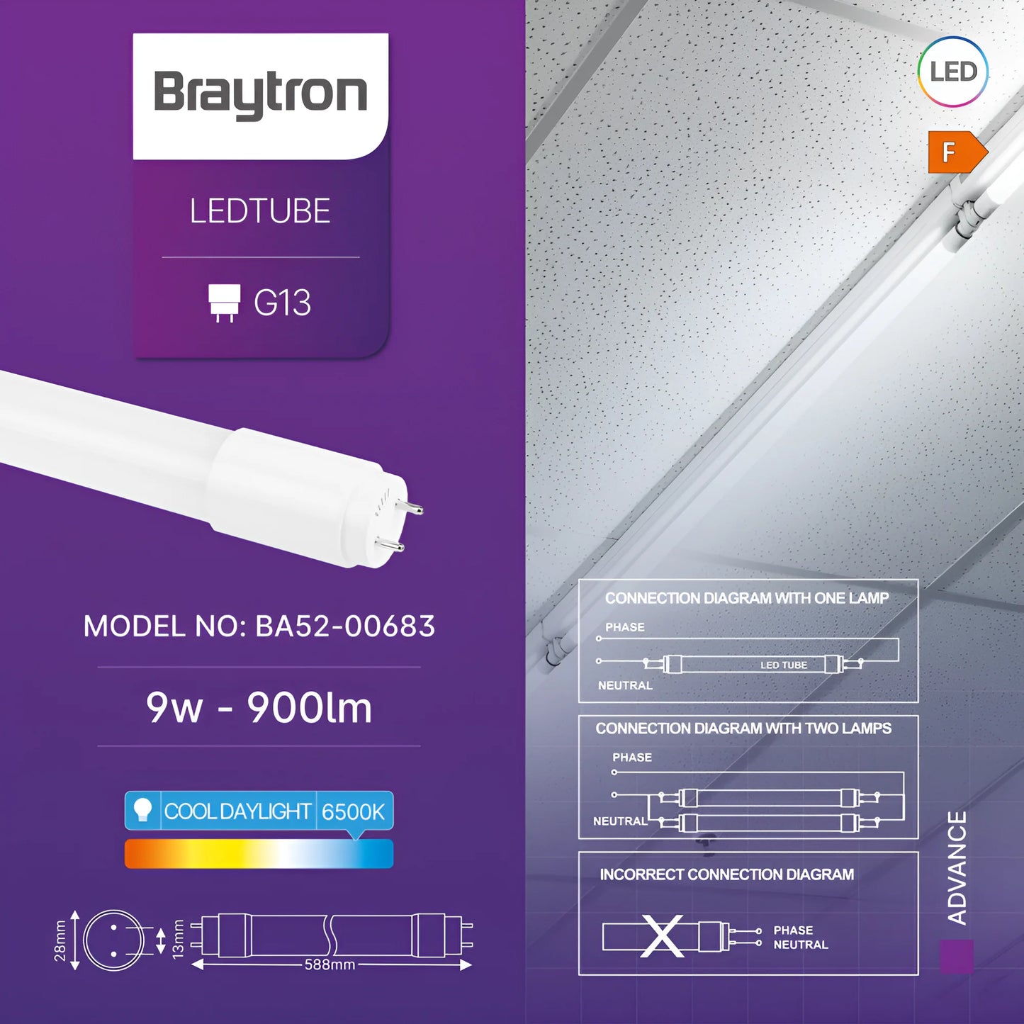 Braytron Advance 9W G13 Db T8 Gls 6500K Led Cijev