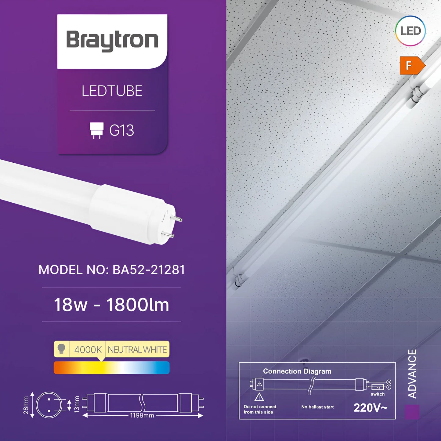 Braytron Advance 18W G13 Sg T8 Gls 4000K Led Cijev