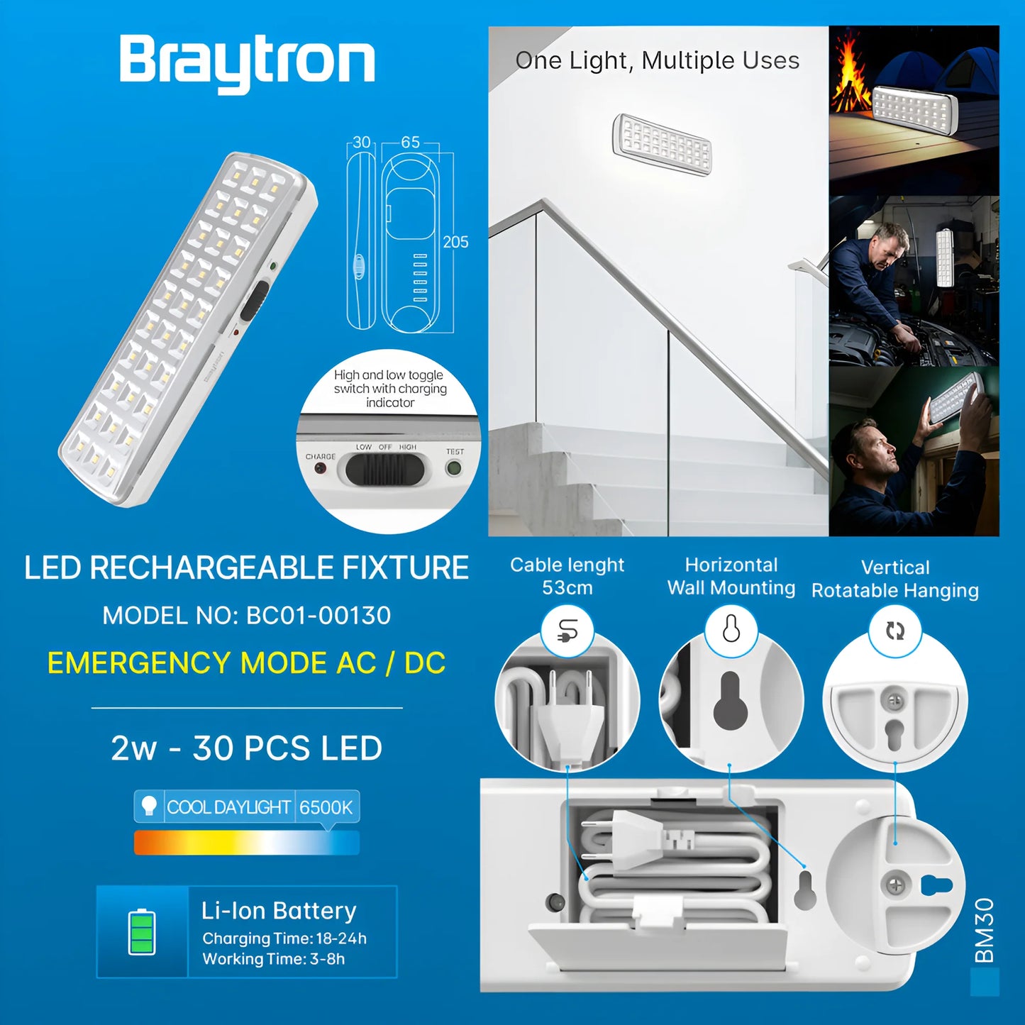 Braytron Bm30 30Led 6500K Bijela Punjiva Svjetiljka