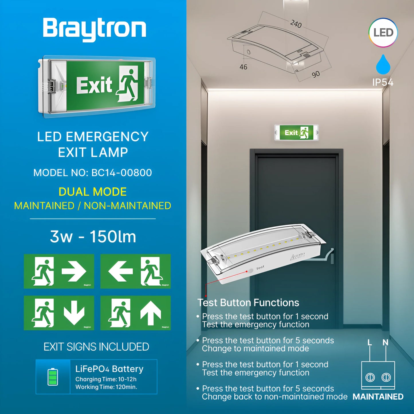Braytron Exit Led 3W Dual Ip54 Bijela Panik Svjetiljka