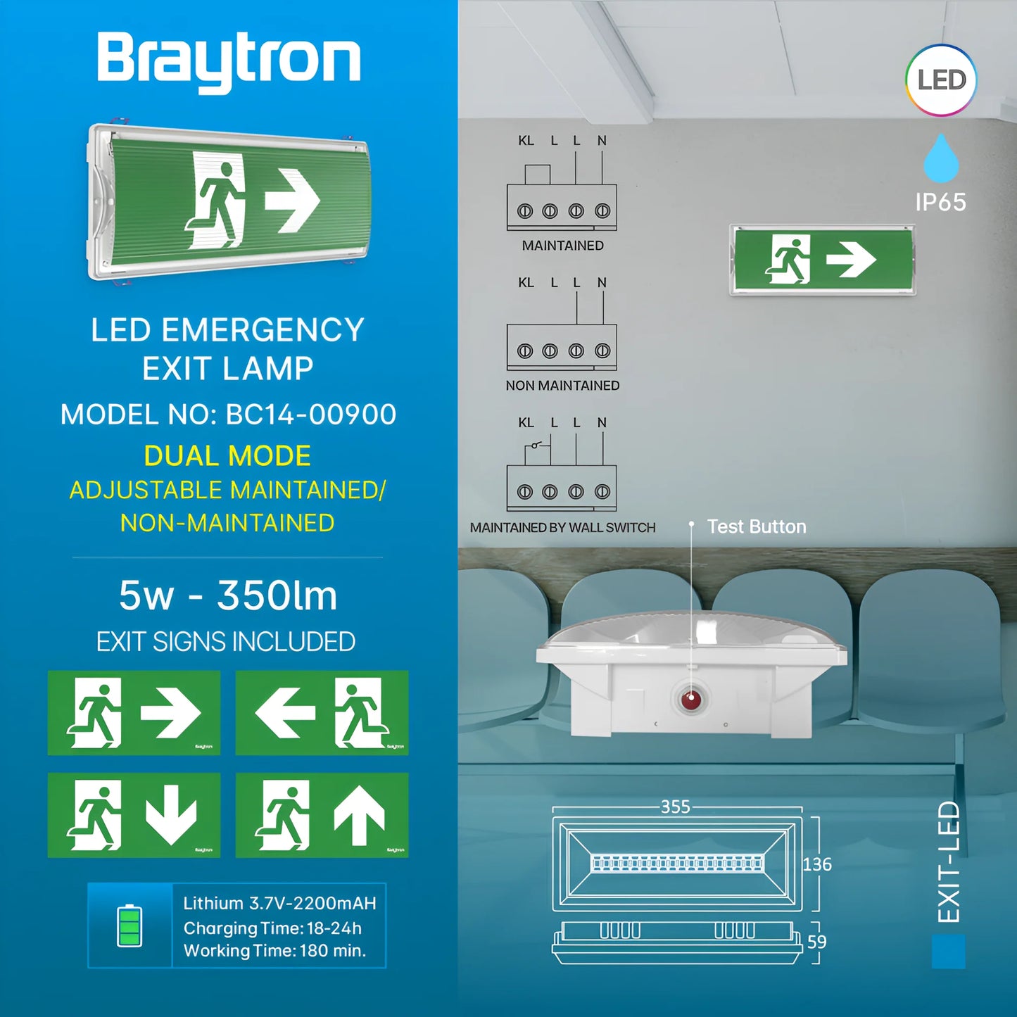 Braytron Exit Led 5W Dual Ip65 Bijela Panik Svjetiljka