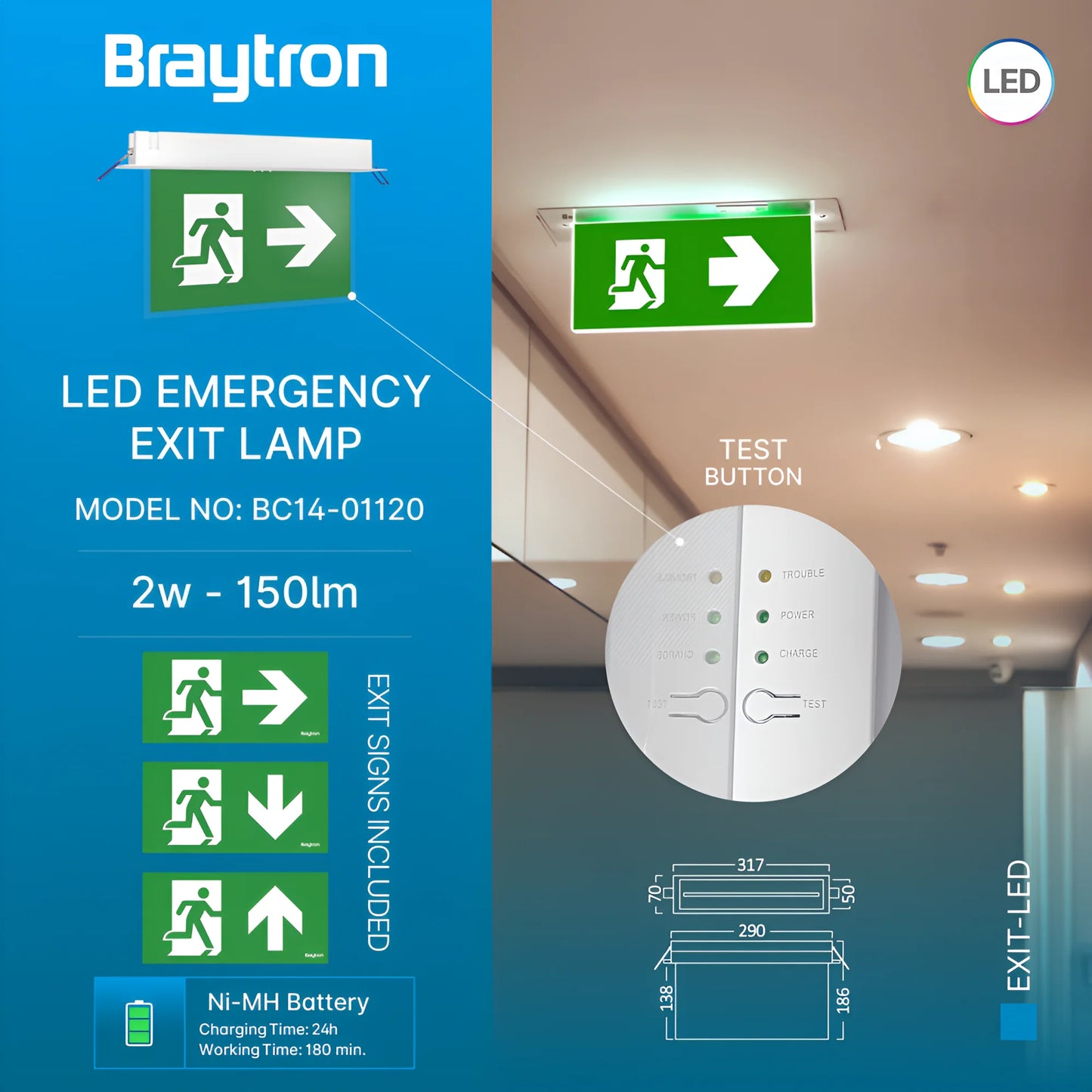 Braytron Exit Led 2W Rcs Ip20 Bijela Panik Svjetiljka