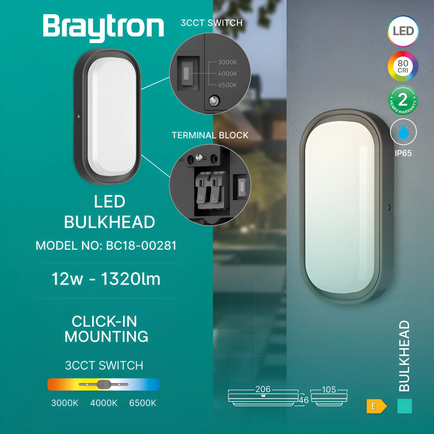 Braytron Bulkhead 12W Elp Crna 3U1 Ip65 Led Plafonjera