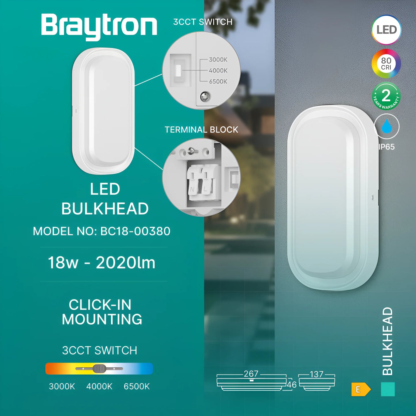 Braytron Bulkhead 18W Elp Bijela 3U1 Ip65 Led Plafonjera