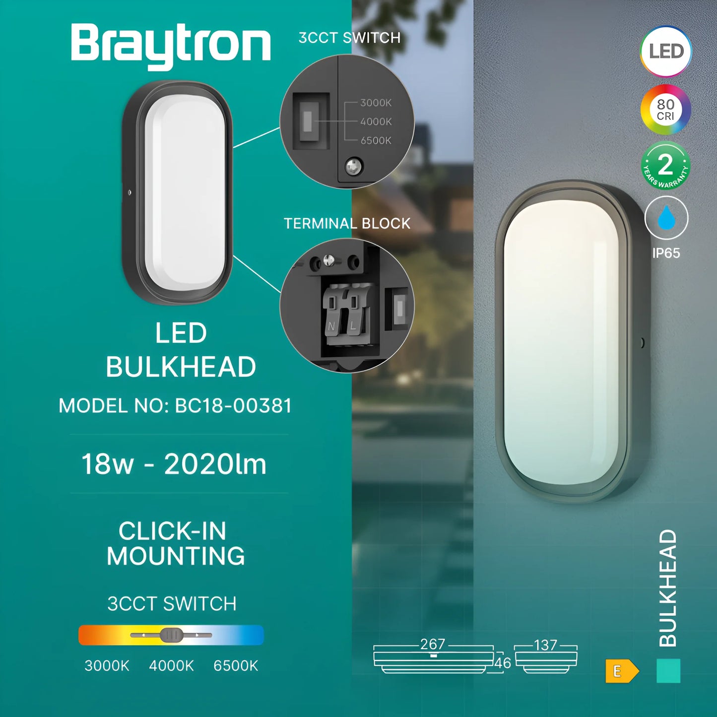Braytron Bulkhead 18W Elp Crna 3U1 Ip65 Led Brodska Lampa