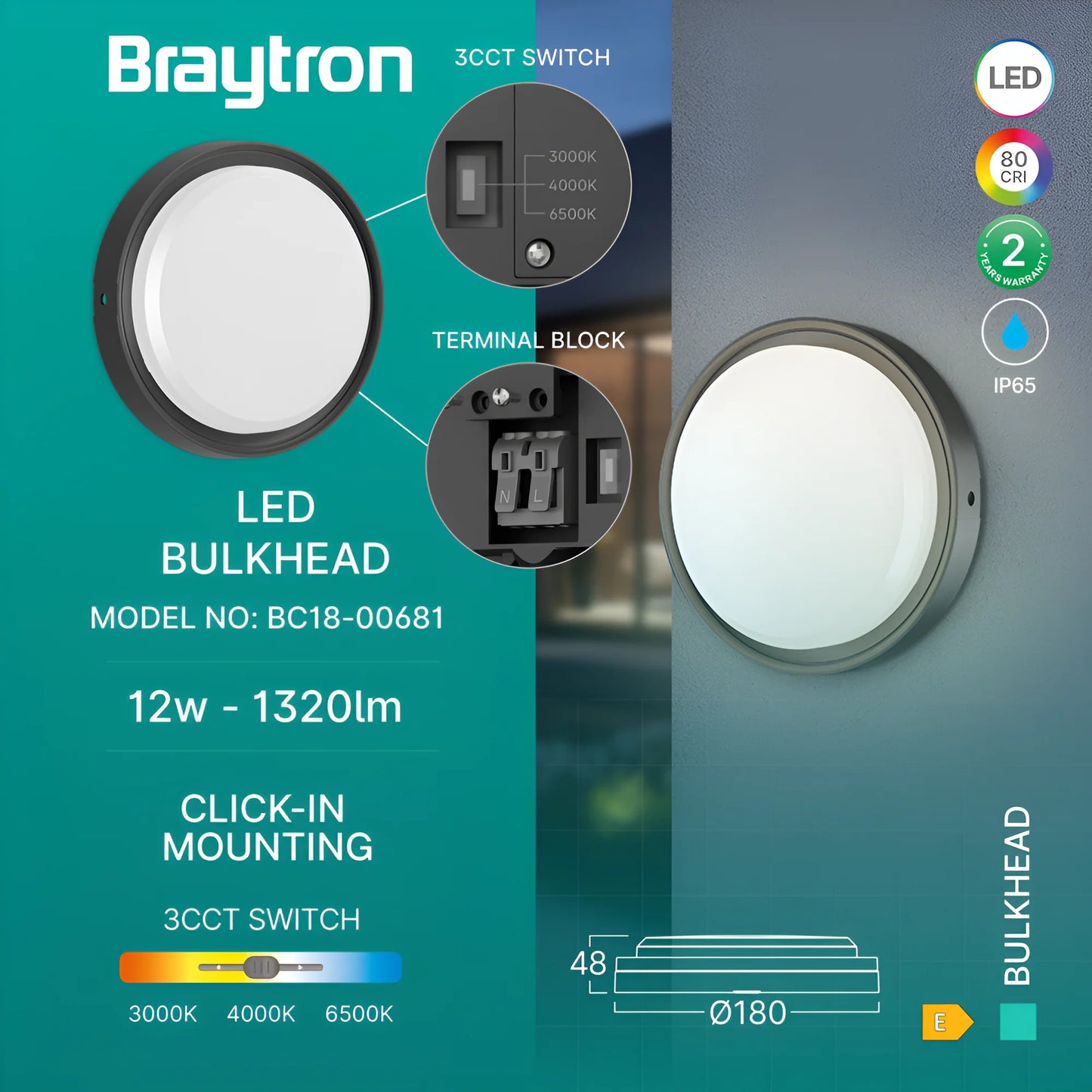 Bry-Bulkhead-12W-Round-Black-3in1-Ip65-Led Marine Lamp
