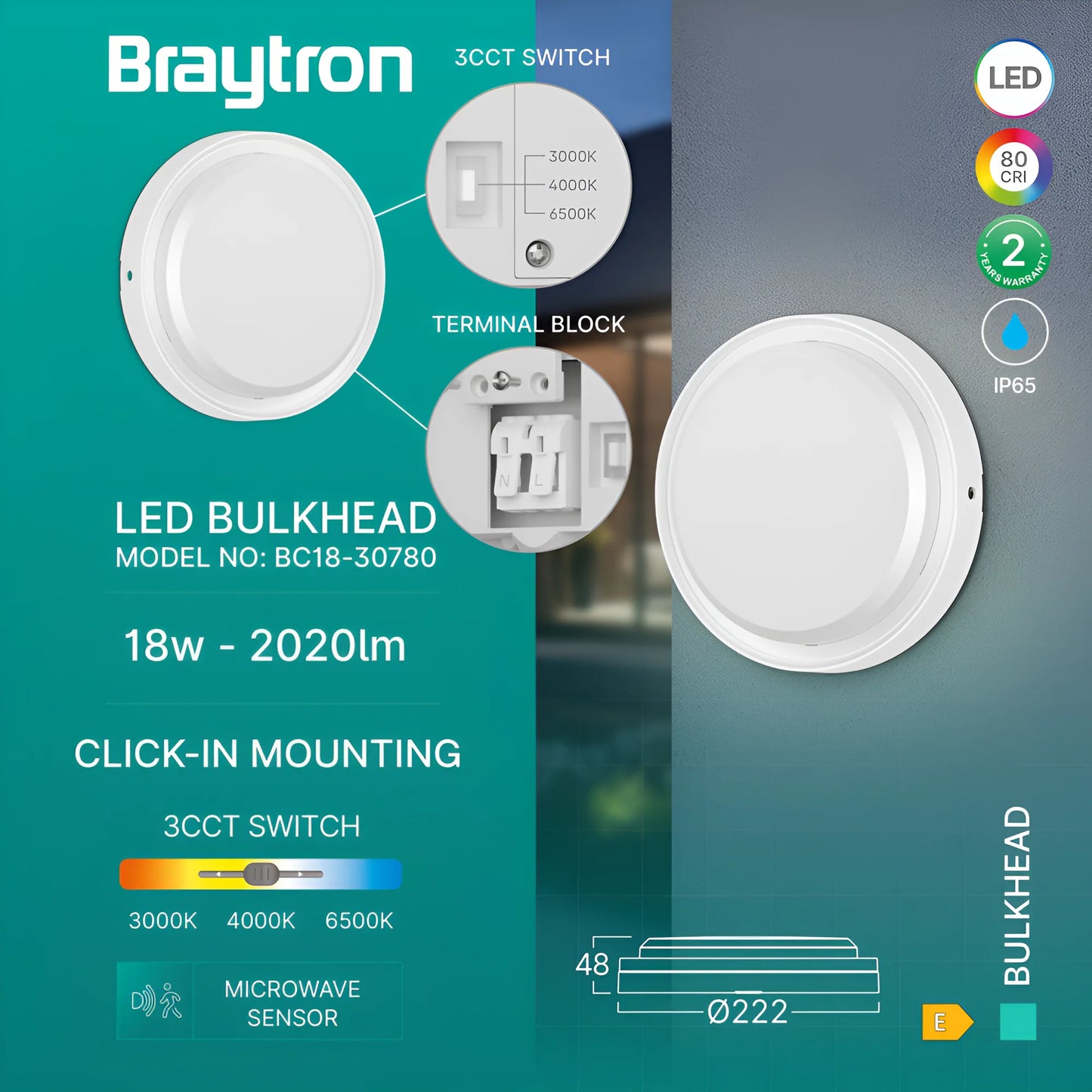 Braytron Bulkhead 18W Krug Bijela 3U1 Ip65 Led Brodska Lampa Sa Senzorom