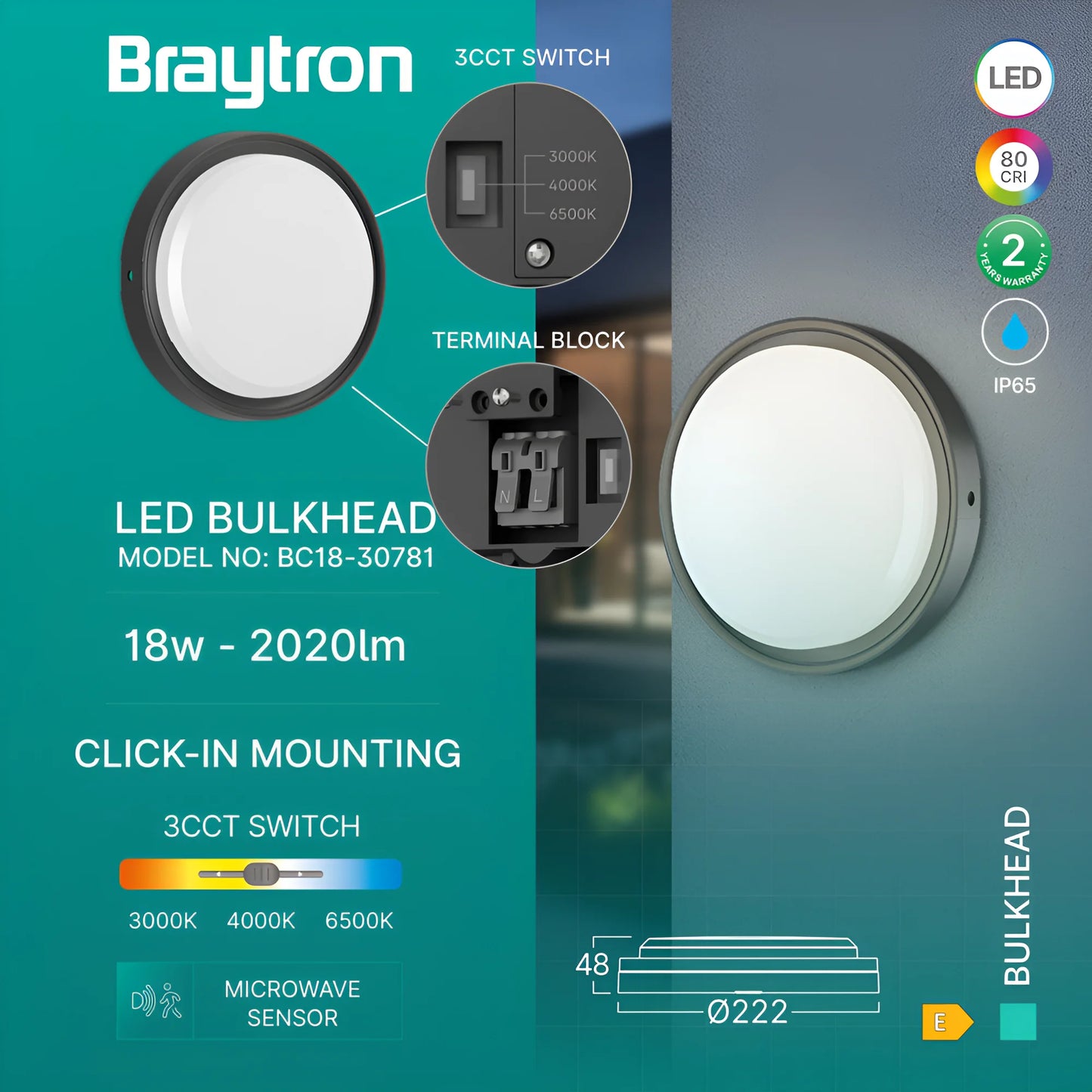 Bry-Bulkhead-18W-Round-Black-3in1-Ip65-Led Marine Lamp With Sensor