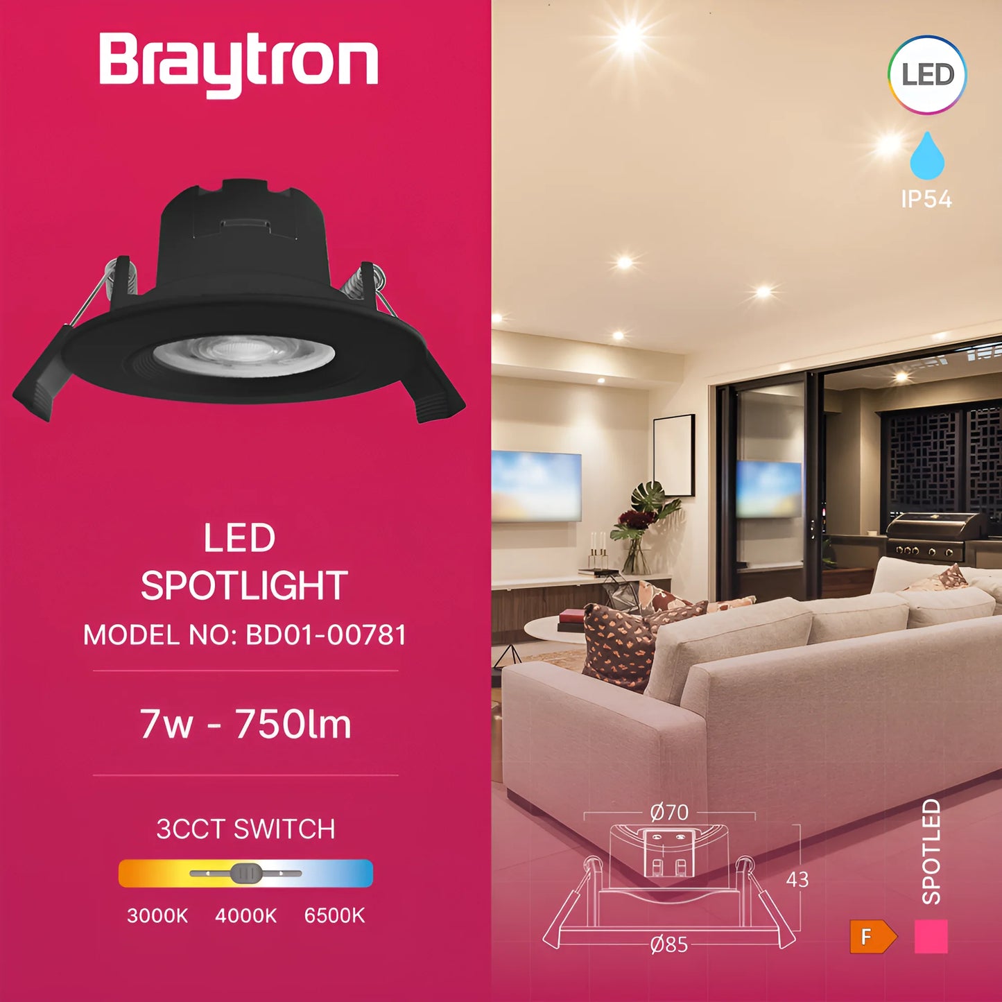Braytron  G3 7W Okrugla Crna 3U1 Ip54 Spot Svjetiljka