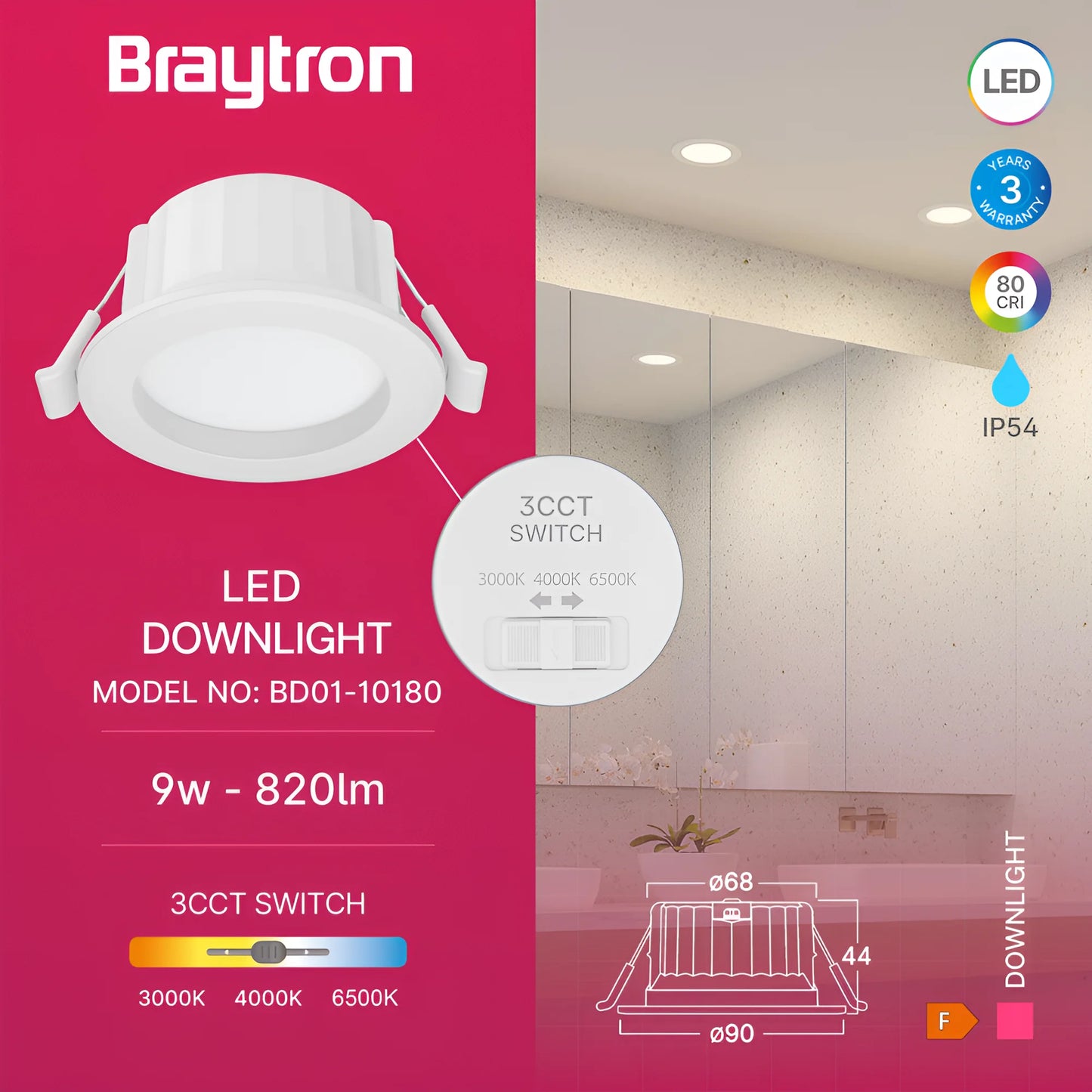 Braytron  Downlight 9W Bijela 3U1 Ip54 Led Ugradna Svjetiljka