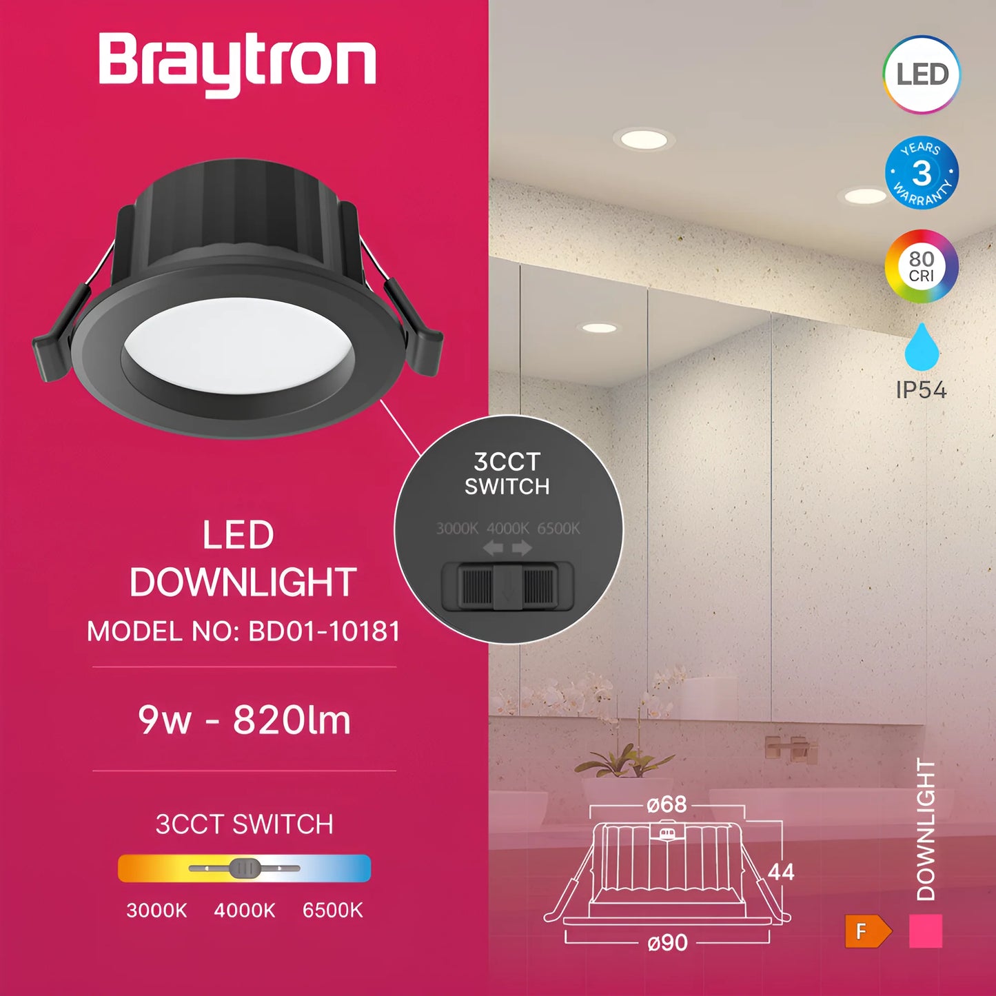 Braytron  Downlight 9W Crna 3U1 Ip54 Led Ugradna Svjetiljka