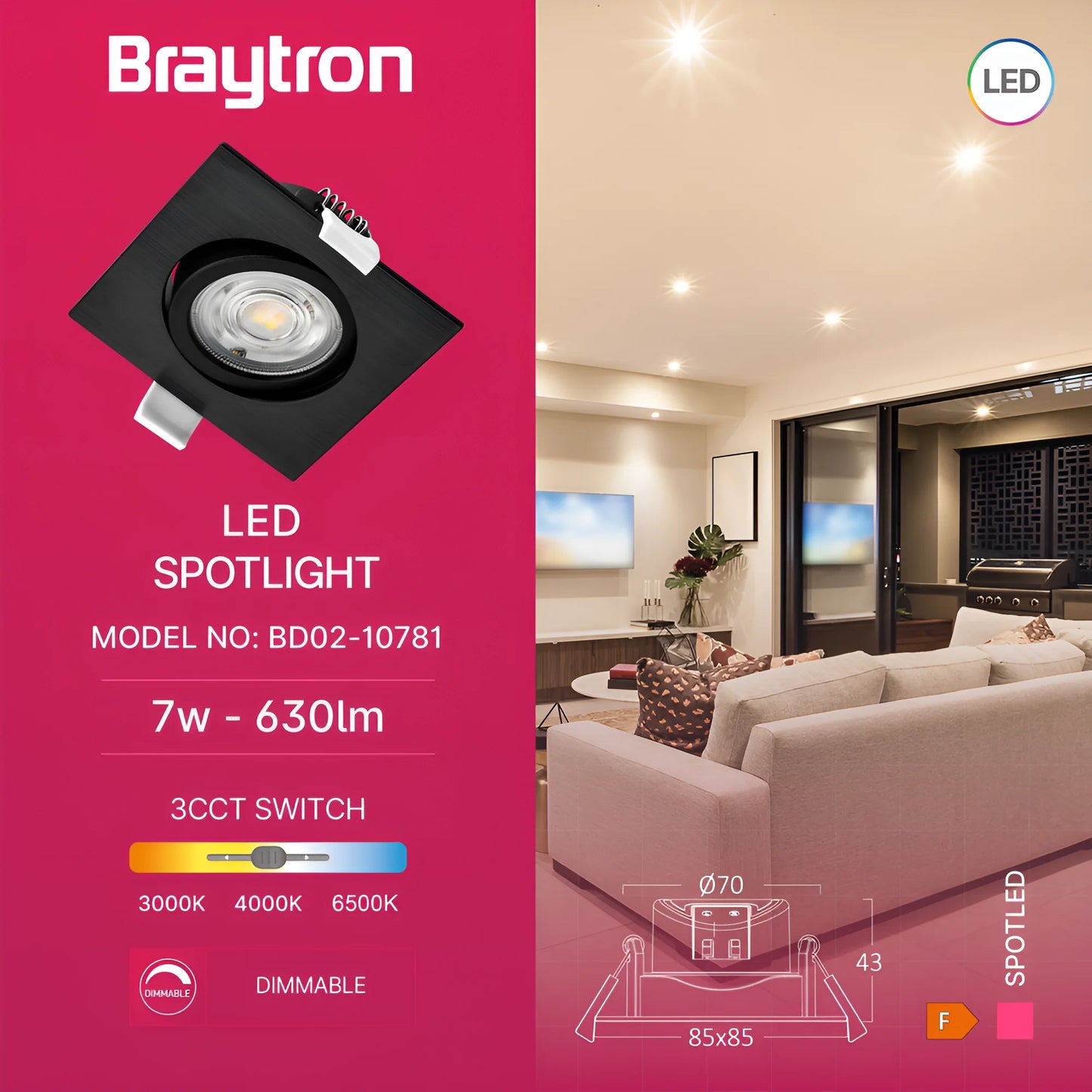 Braytron  G3 7W Sqr Crna 3U1  Led Spot Svjetiljka