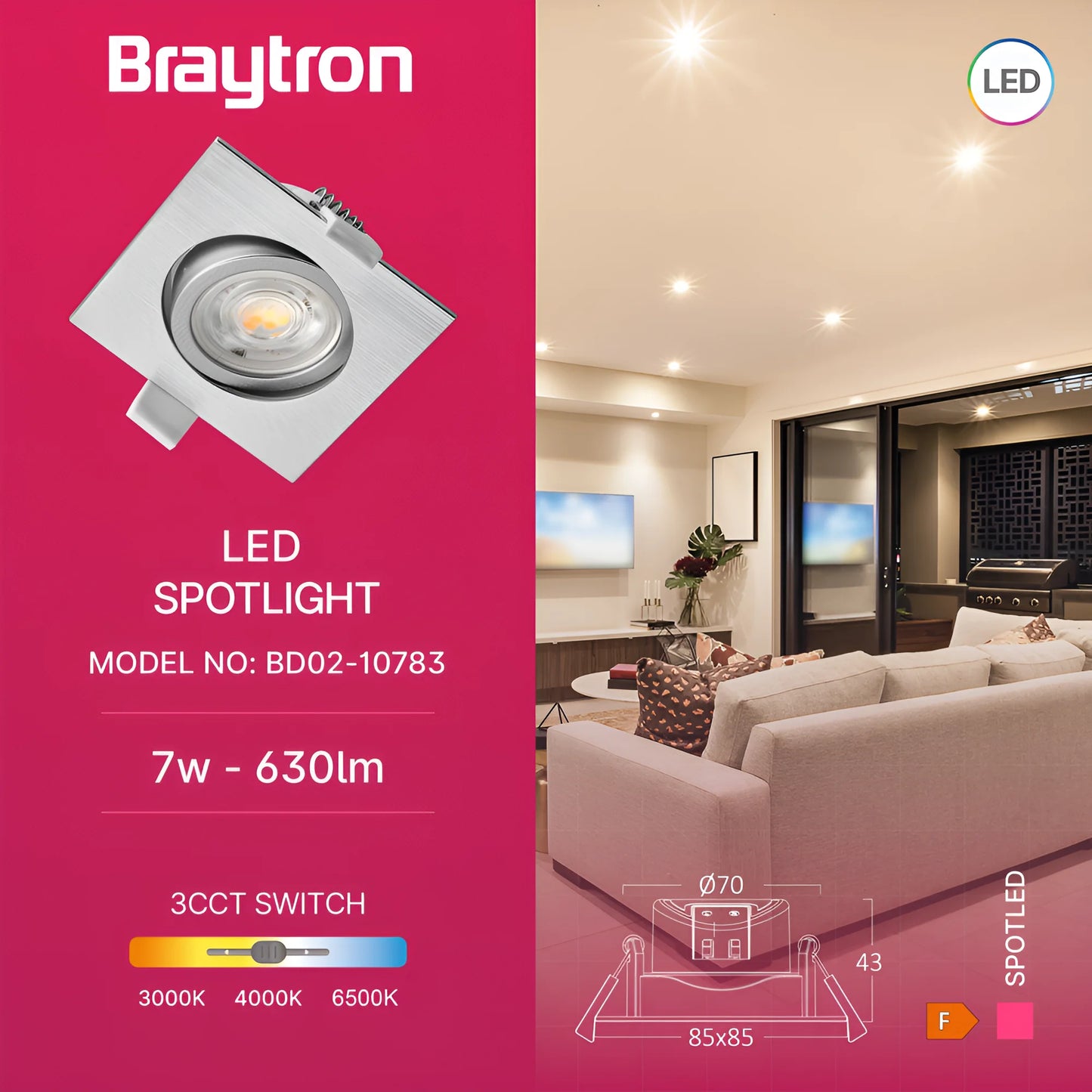 Bry- G3-7W-Sqr-Grey-3U1-Led Spot Light