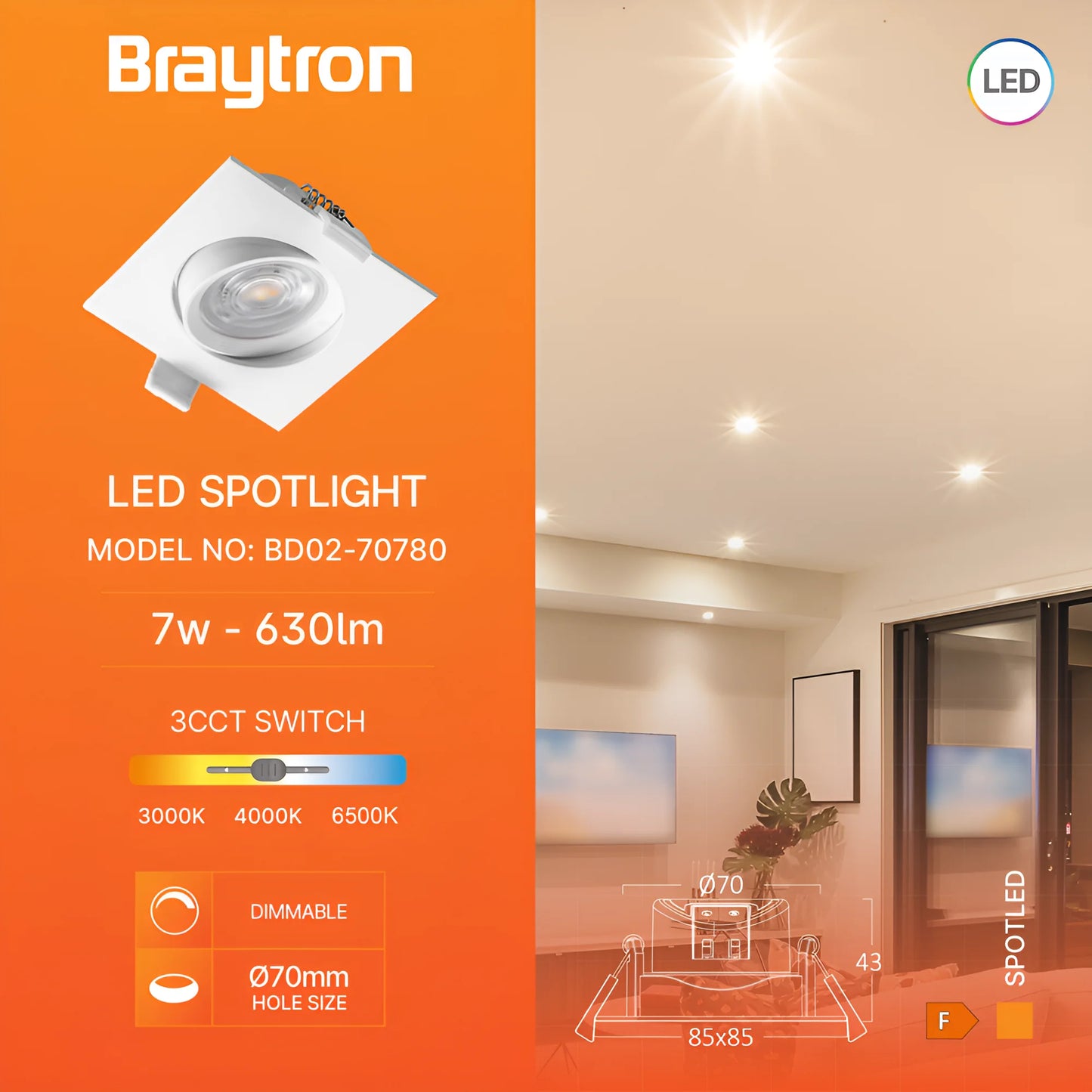Braytron G3 7W Sqaure Bijela 3In1 Dimabilna Spot Svjetiljka