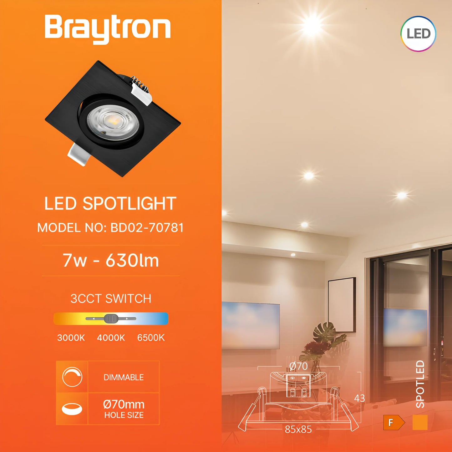 Braytron G3 7W Sqaure Crna 3In1 Dimabilna Spot Svjetiljka