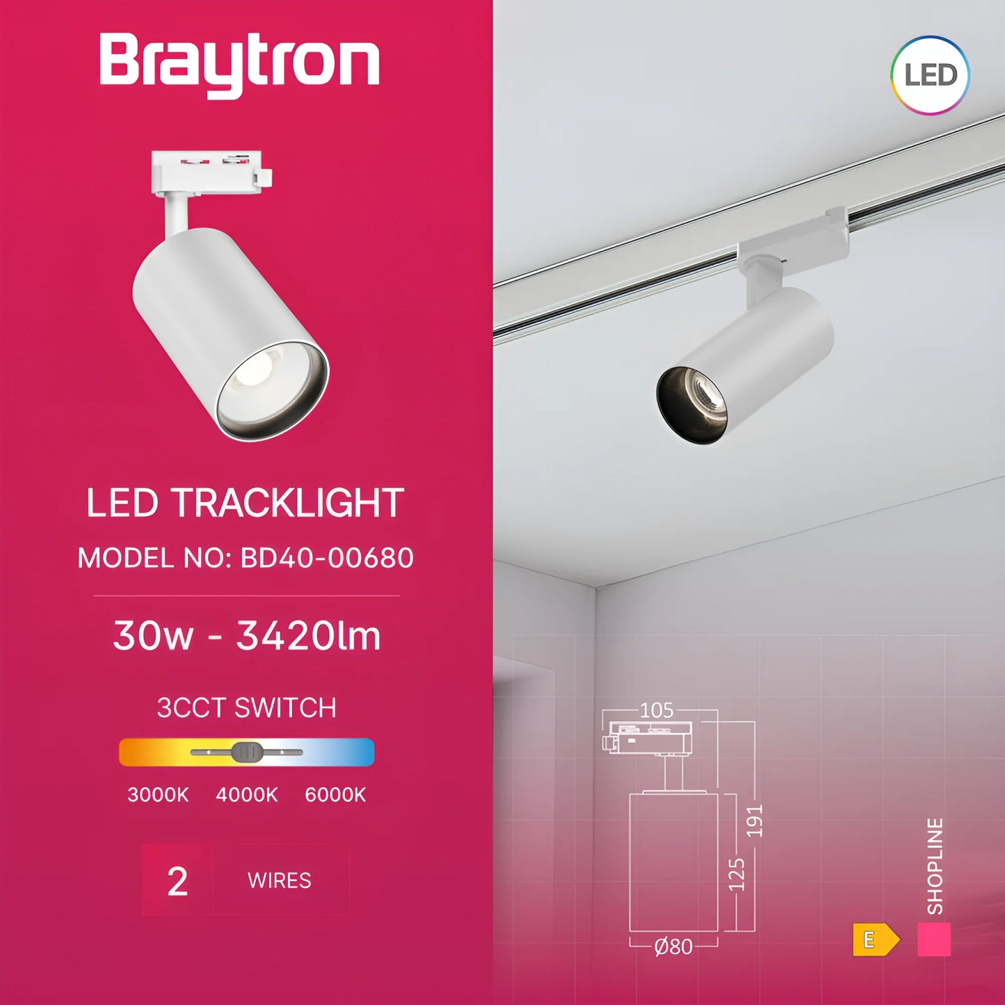 Braytron Shopline P30 30W Bijeli 3U1 Monofazna Šinska Svjetiljka