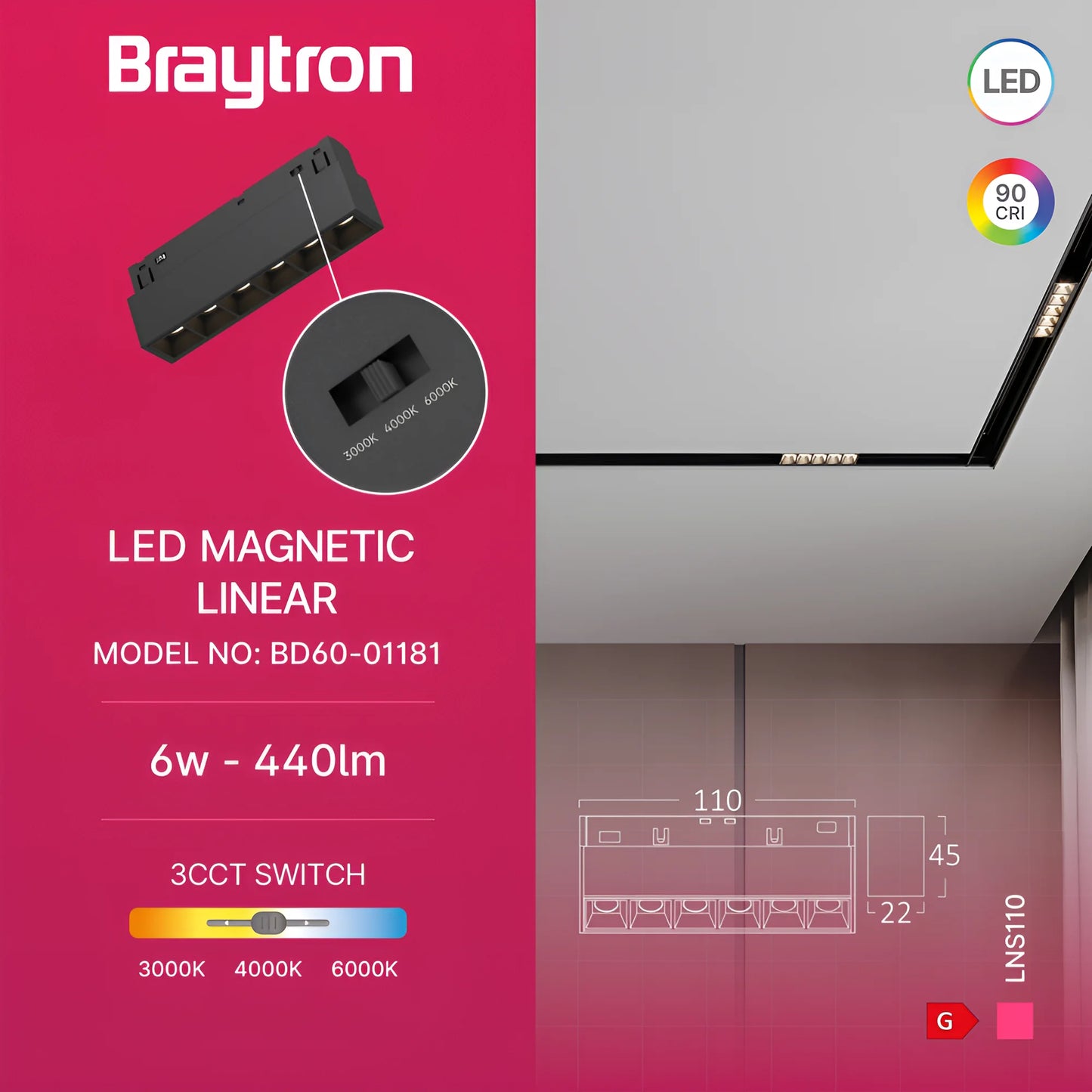 Bry-M20-Lns110-6W-48Vdc-3U1-Black-Mag. Linear Luminaire