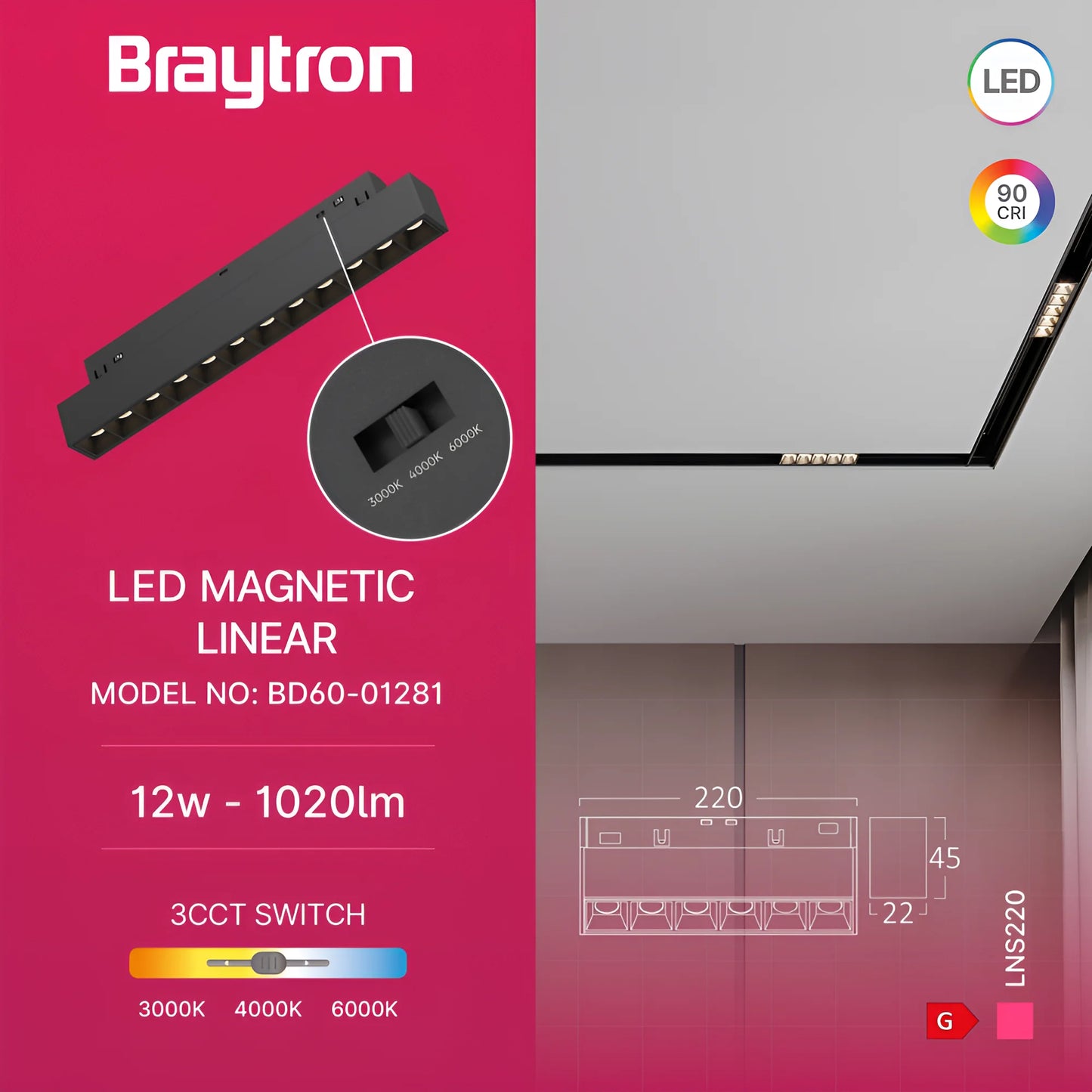 Bry-M20-Lns220-12W-48Vdc-3U1-Black-Mag.Linear Luminaire