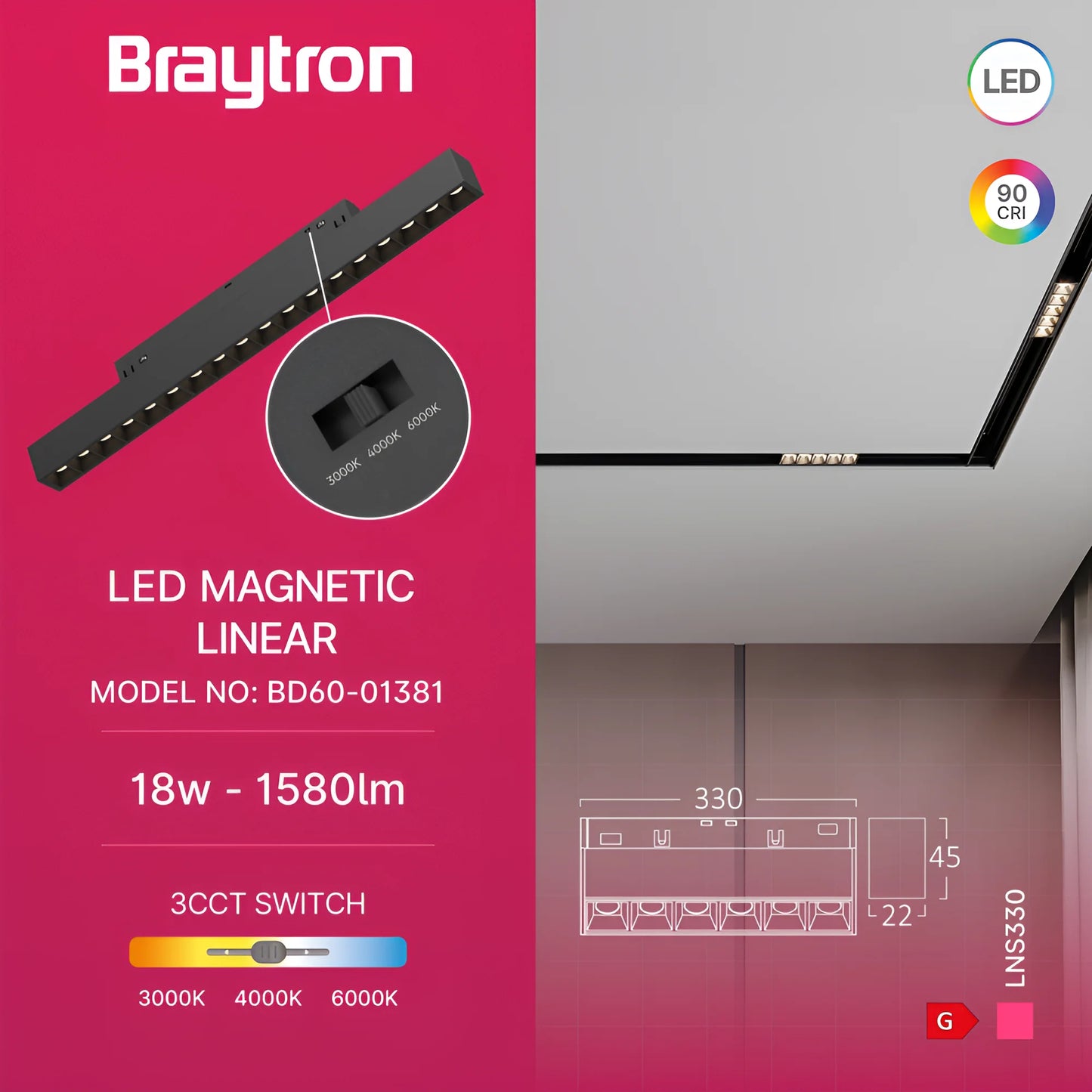 Bry-M20-Lns330-18W-48Vdc-3U1-Black-Mag.Linear Luminaire
