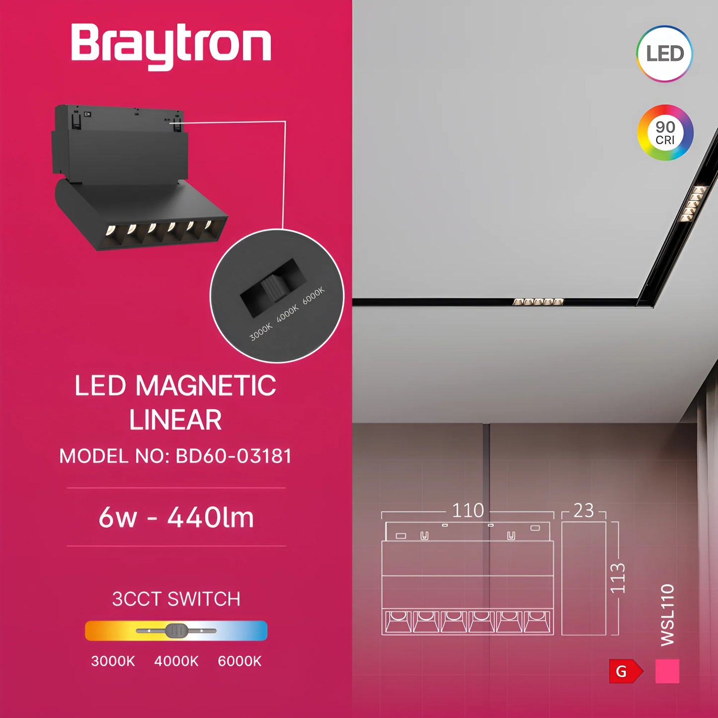 Bry-Wsl110-6W-48Vdc-3U1-Black-Mag.Linear Luminaire