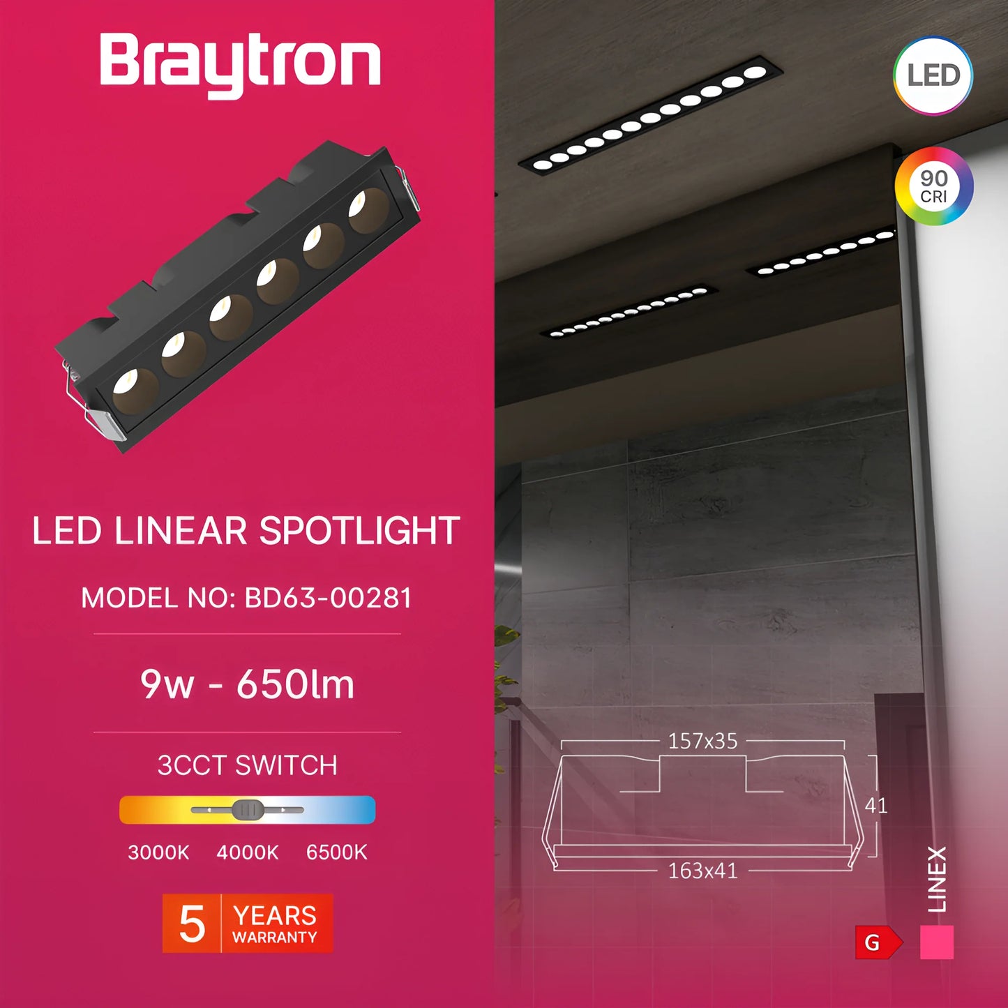 Braytron Linex Ln6 9W 3Cct Crna Led Linearna Svjetiljka