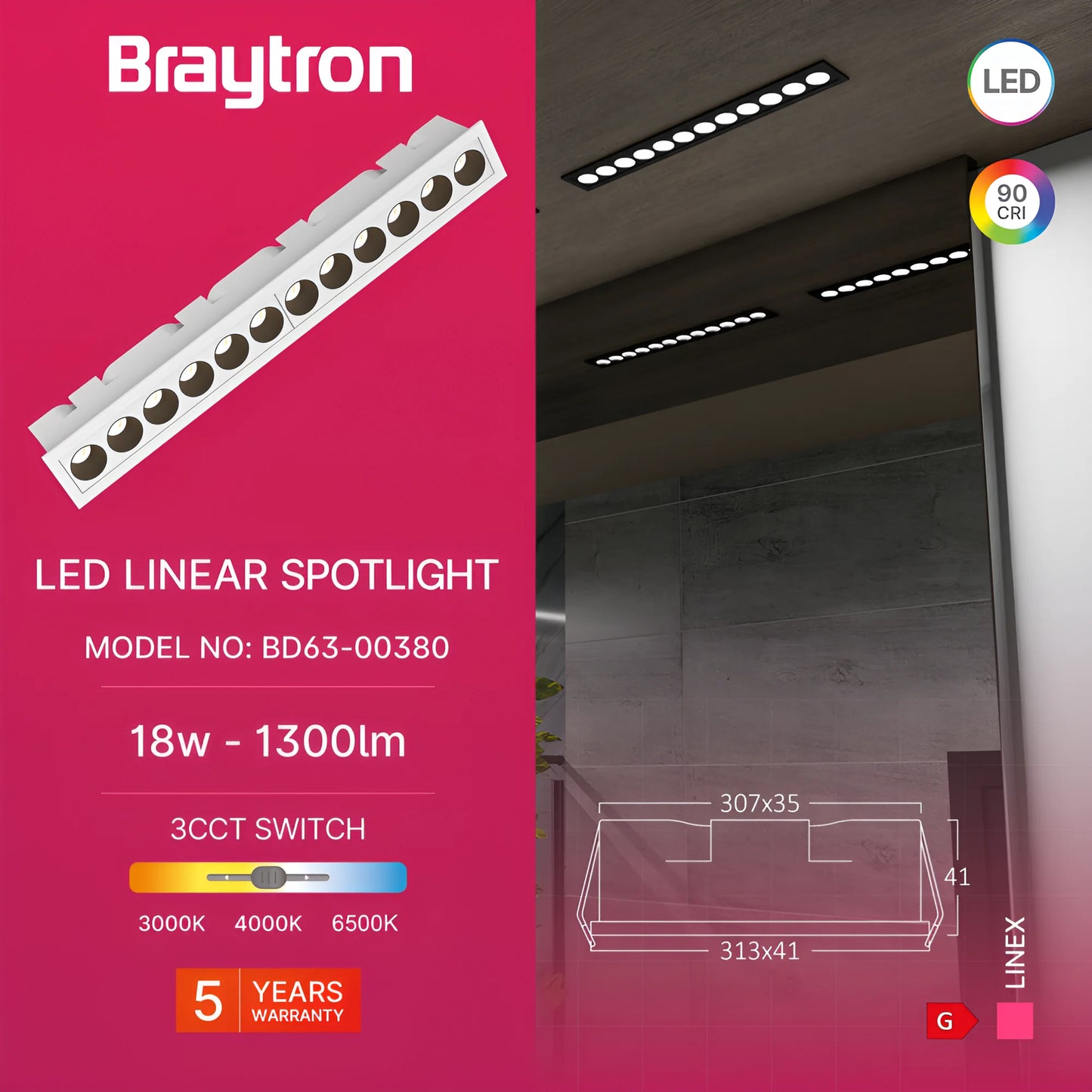 Braytron Linex Ln12 18W 3Cct Bijela Led Linearna Svjetiljka