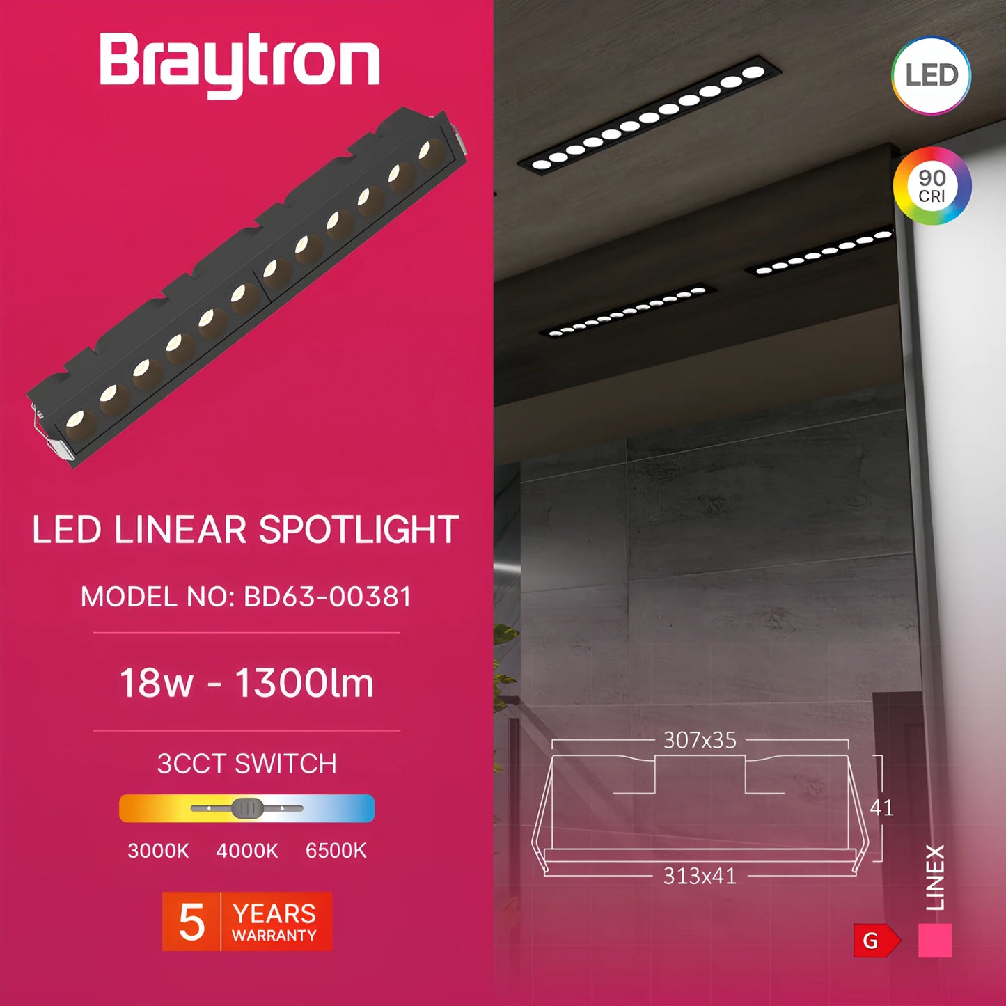 Braytron Linex Ln12 18W 3Cct Crna Led Linearna Svjetiljka