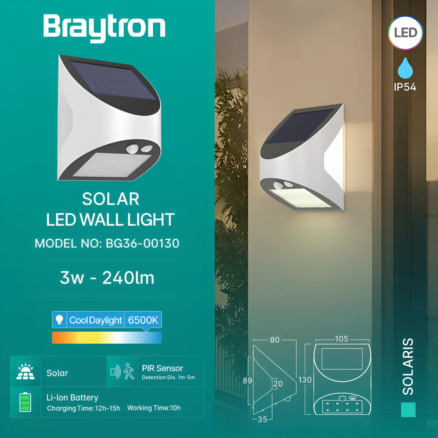 Braytron Solaris W1 Bijela 3W 6500K Ip54 Solar.Zid.SvjetiljkaSa Senzorom