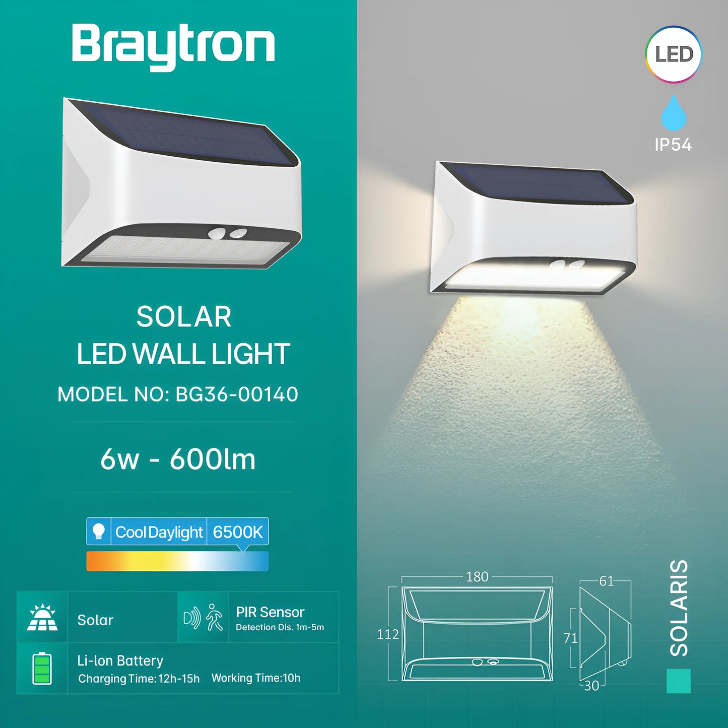 Braytron Solaris W1 Bijela 6W 6500K Ip54 Solar.Zid.SvjetiljkaSa Senzorom
