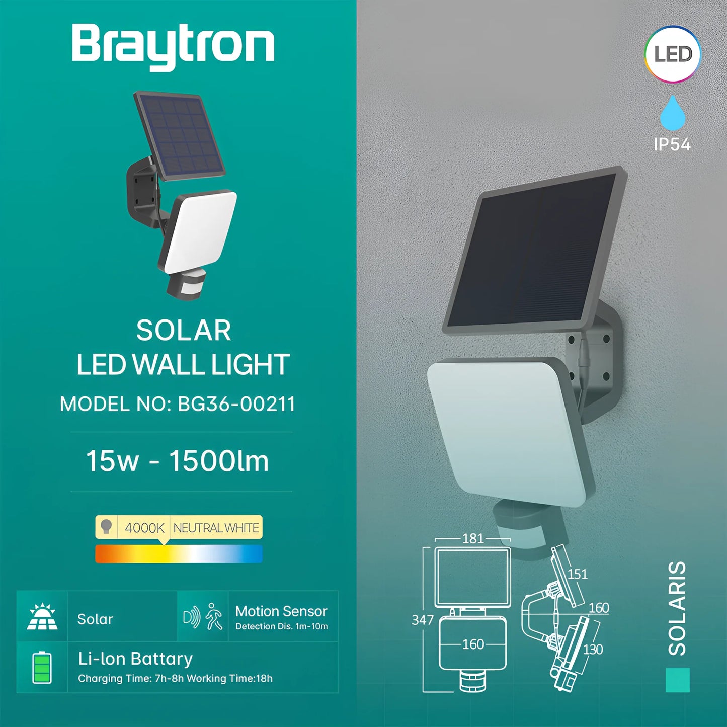 Braytron Solaris W2 Crna 15W 4000K Ip54 Solar Senzor Led Svjetiljka