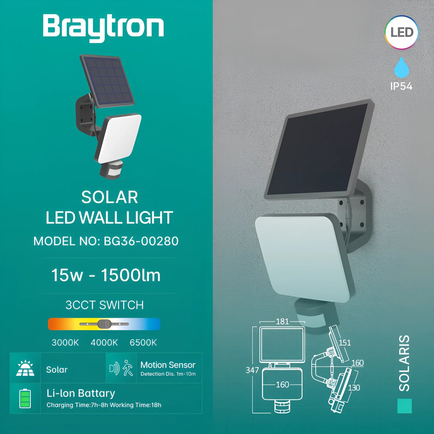 Braytron Solaris W2 Crna 15W 3In1 Ip54 Solar Senzor Led Svjetiljka