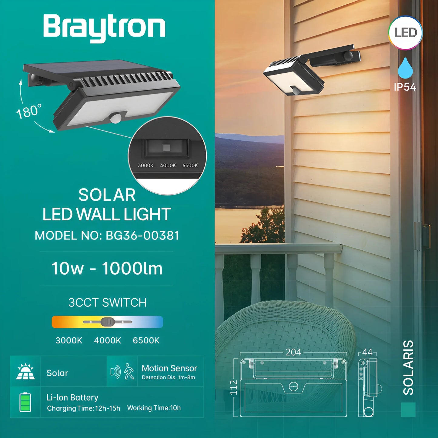 Braytron Solaris W3 Crna 10W 3U1 Ip54 Solar Senzor Led Svjetiljka