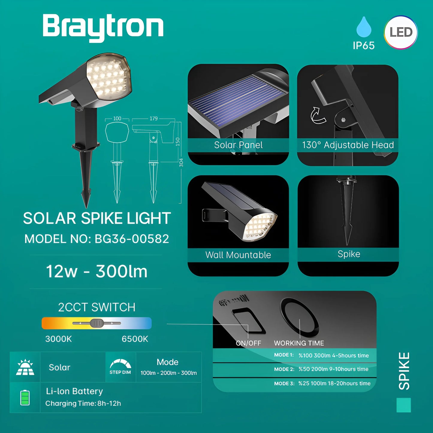 Braytron Spike 12W Siva 2U1 Ip65 Led Ubodna Vrtna Svjetiljka