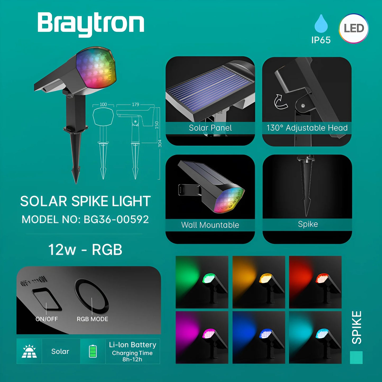 Braytron Spike 12W Siva Rgb Ip65 Led Ubodna Vrtna Svjetiljka