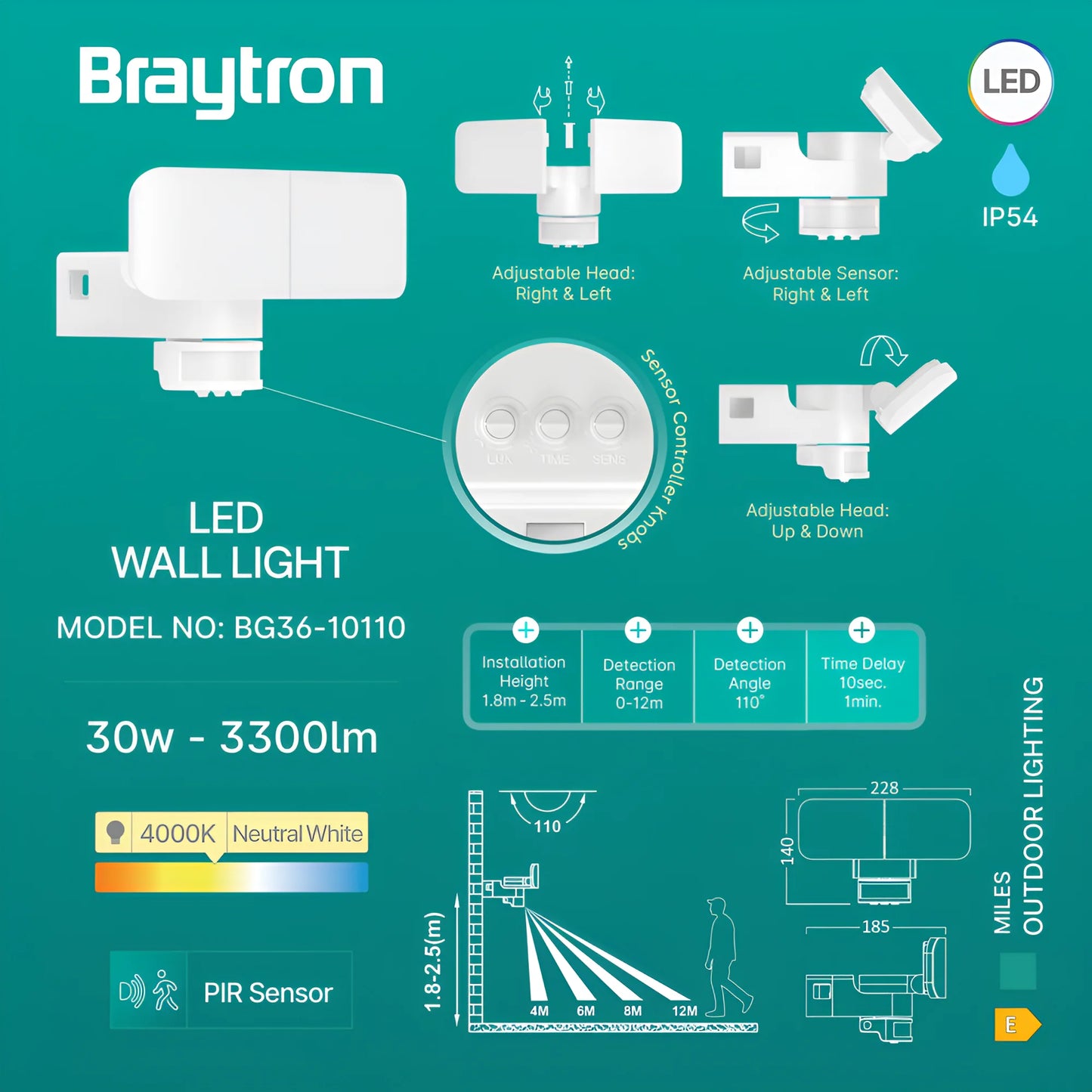 Braytron Miles W2 Bijela 30W 4000K Ip54 Zidna Svjetiljka