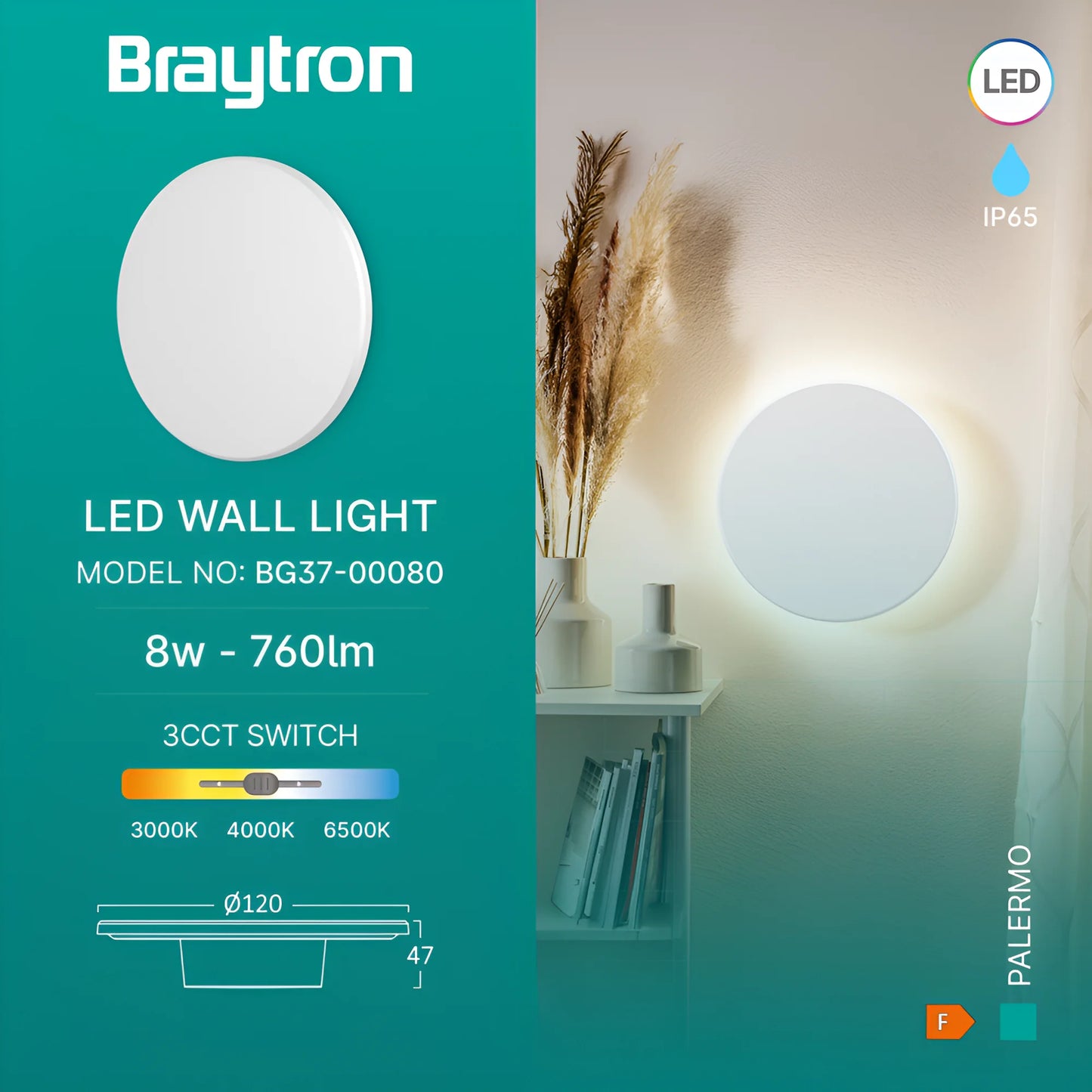 Braytron Palermo Xs Krug Bijela 8W 3U1 Ip65 Zidna Svjetiljka