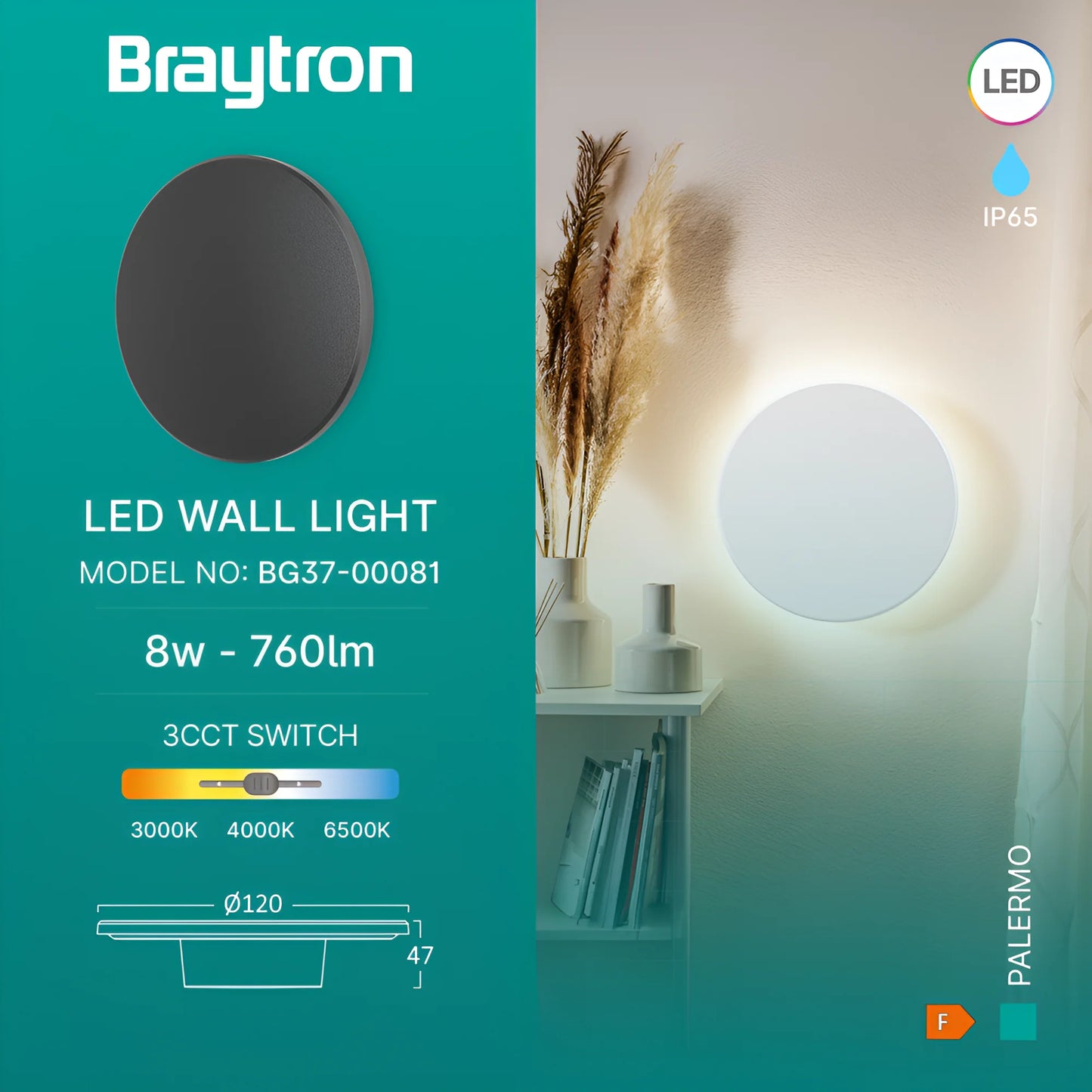 Braytron Palermo Xs Krug Crna 8W 3U1 Ip65 Zidna Svjetiljka