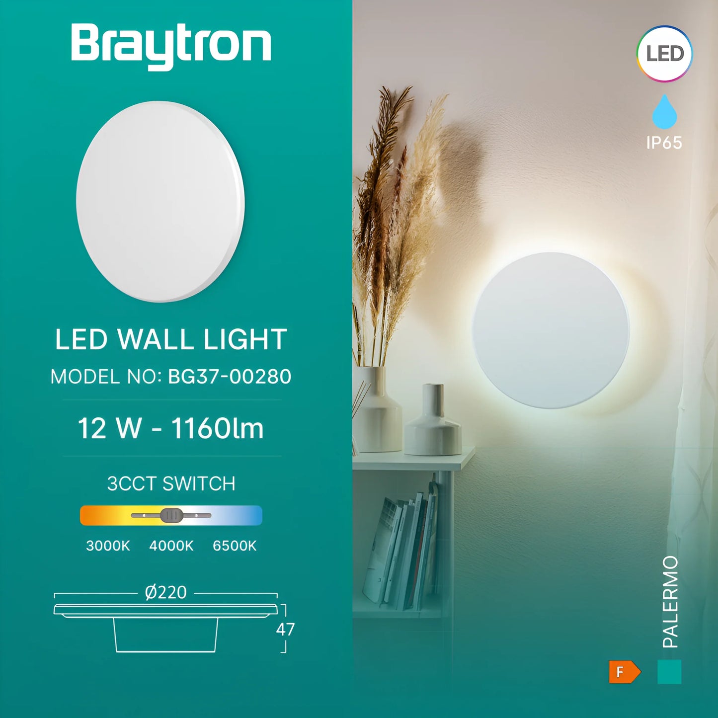 Braytron Palermo M Rnd Bijela 12W 3U1 Ip65 Zidna Svjetiljka