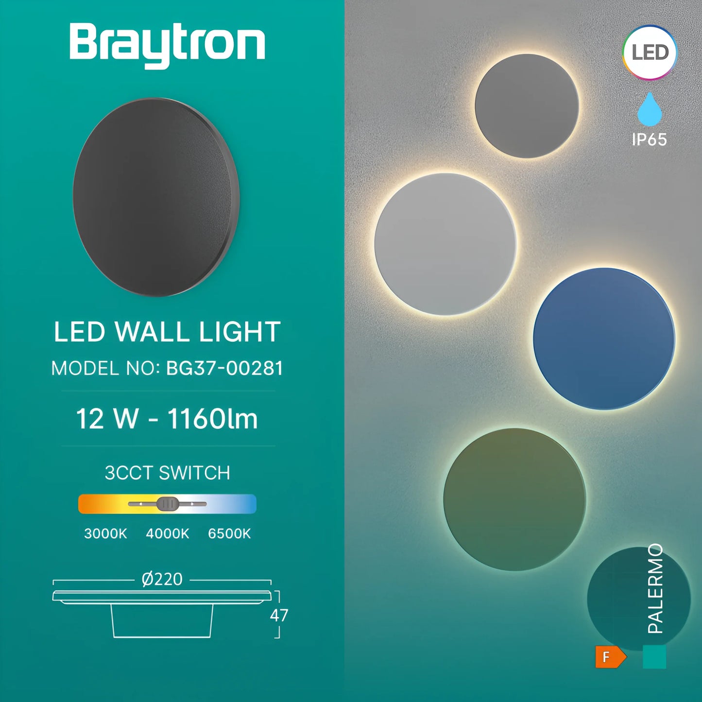 Braytron Palermo M Rnd Crna 12W 3U1 Ip65 Zidna Svjetiljka