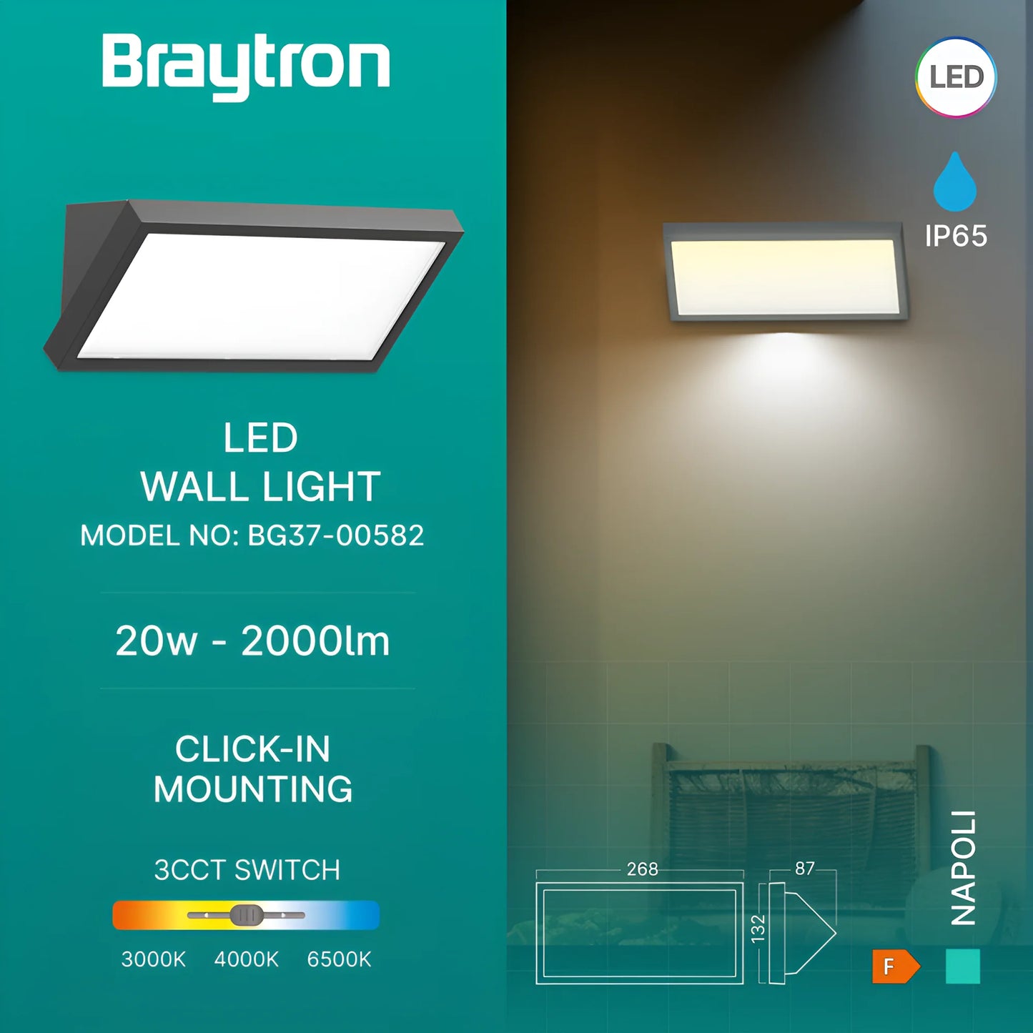 Braytron Napoli M Krug Siva 20W 3U1 Ip65 Zidna Svjetiljka