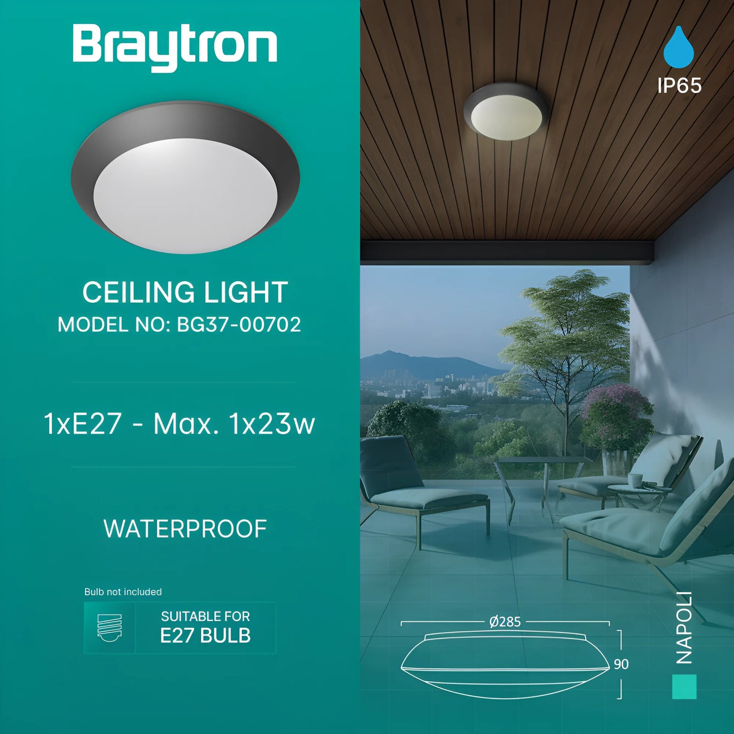 Braytron Napoli 1Xe27 Pc Siva Ip65 Led Plafonjera