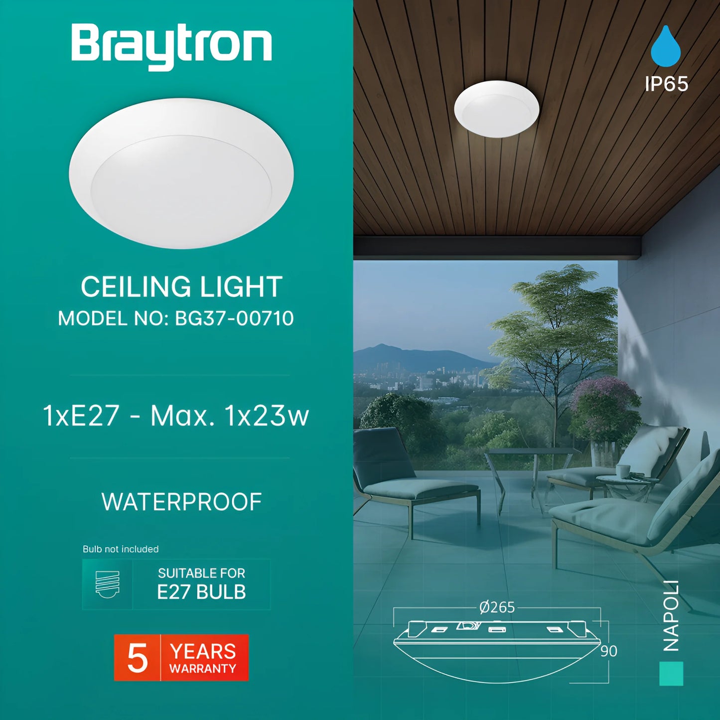 Braytron Napoli D270 1Xe27 Pc Bijela Ip65 Led Plafonjera