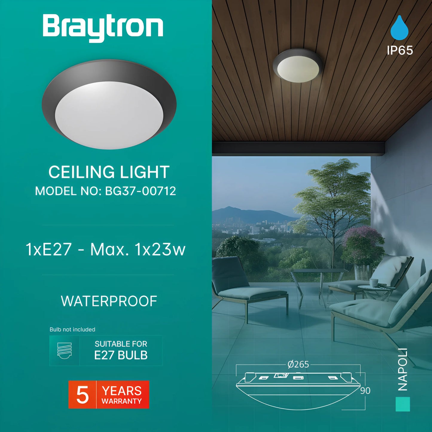 Braytron Napoli D270 1Xe27 Pc Siva Ip65 Led Plafonjera