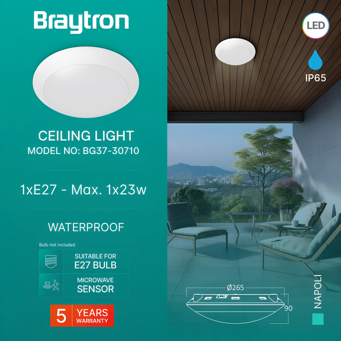 Braytron Napoli D270 1Xe27 Pc Sns Bijela Ip65 Plafonska Svjetiljka
