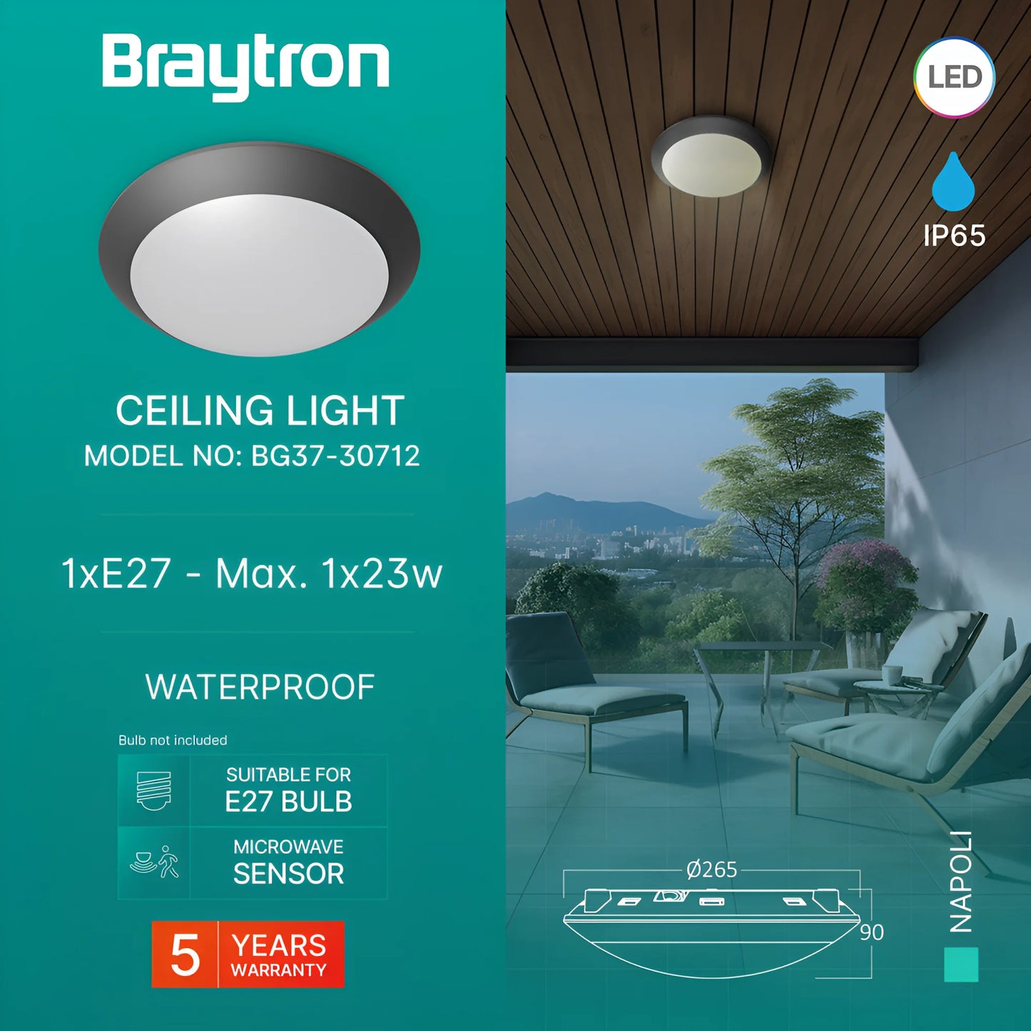 Braytron Napoli D270 1Xe27 Pc Sns Crna Ip65 Plafonska Svjetiljka
