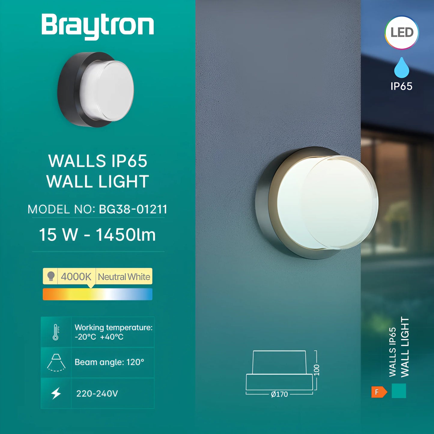 Bry-G2-Round-Black-15W-4000K-Ip65-Wall Garden Light
