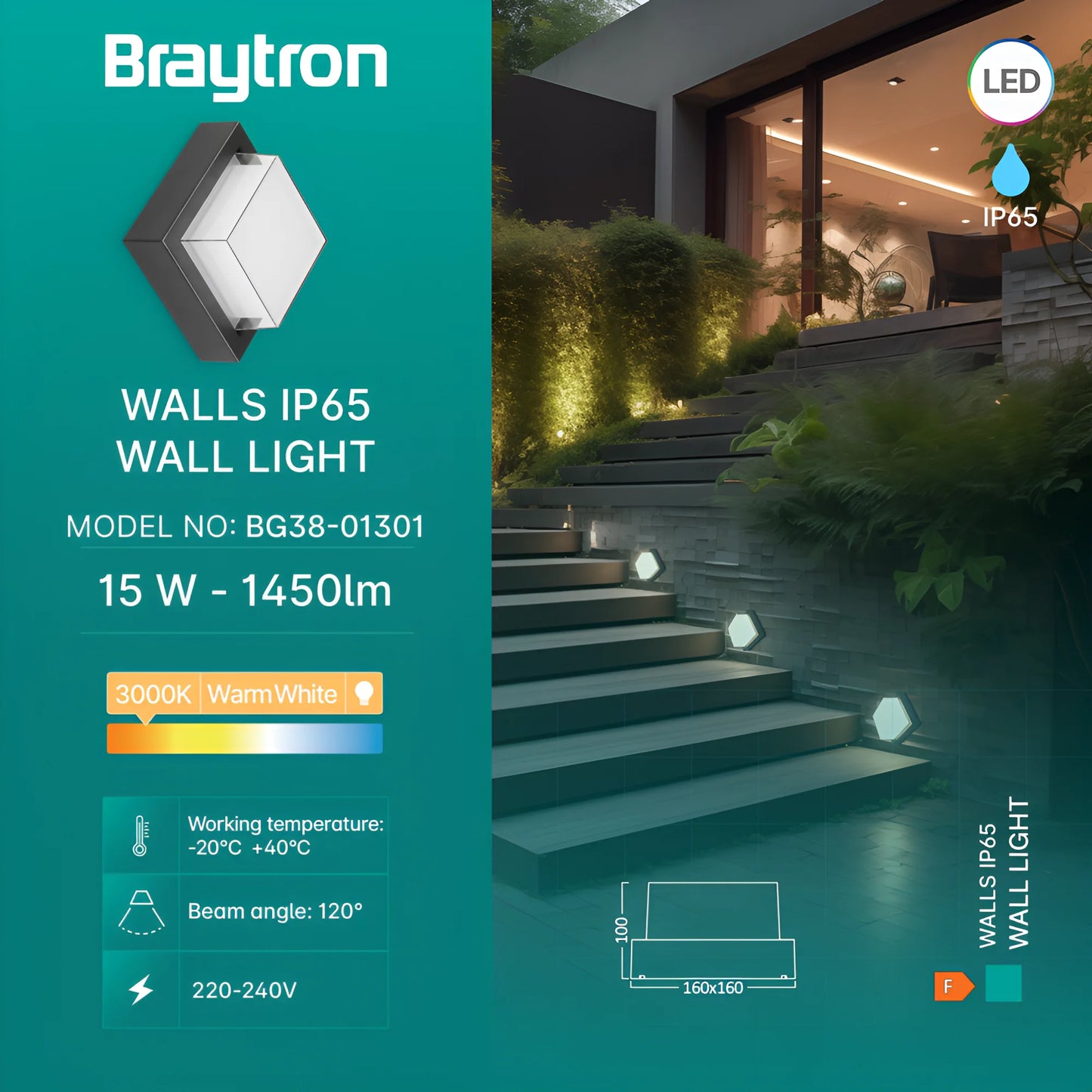 Bry-G2-Square-Black-15W-3000K-Ip65-Wall Garden Light
