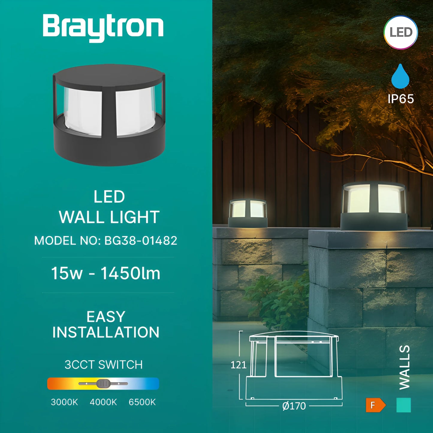 Braytron Walls G1 Krug Siva 15W 3U1 Ip65 Zidna Vrtna Svjetiljka
